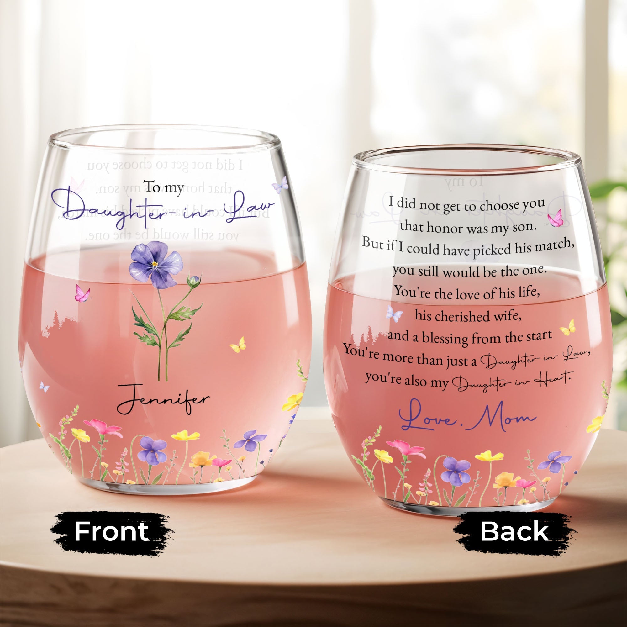 Personalized Stemless Wine Glass Custom Name Gift for Daughter-in-Law Wine Glasses GradoCreations