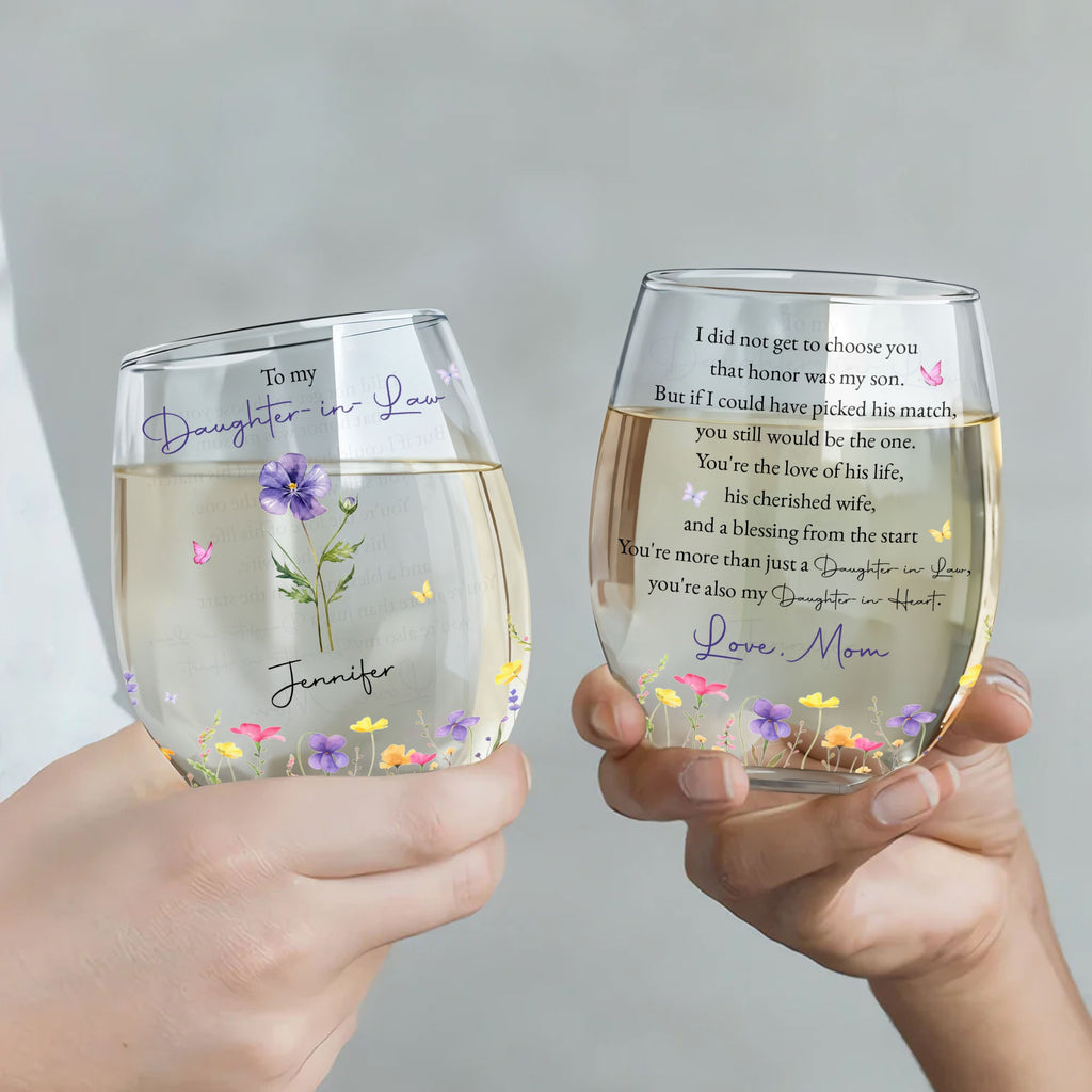 Personalized Stemless Wine Glass Custom Name Gift for Daughter-in-Law Wine Glasses GradoCreations