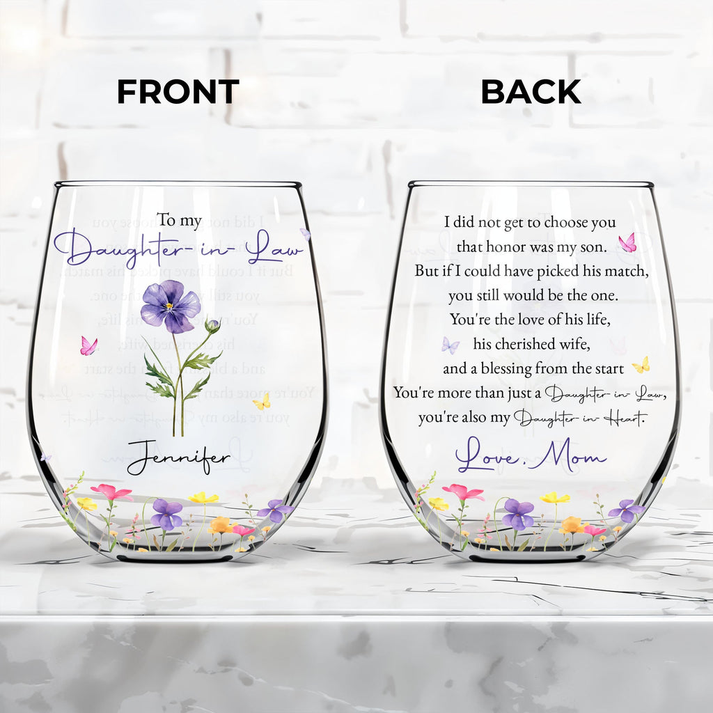 Personalized Stemless Wine Glass Custom Name Gift for Daughter-in-Law Wine Glasses GradoCreations