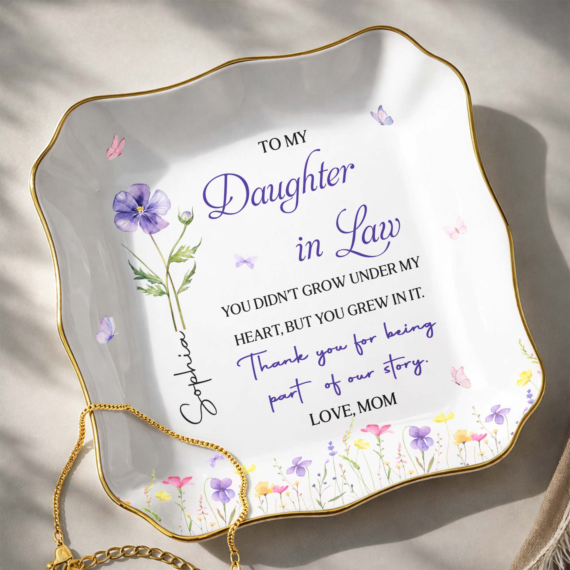 Personalized Lace Jewelry Dish Custom Name Gift for Daughter-In-Law Lace Square Jewelry Dish GradoCreations