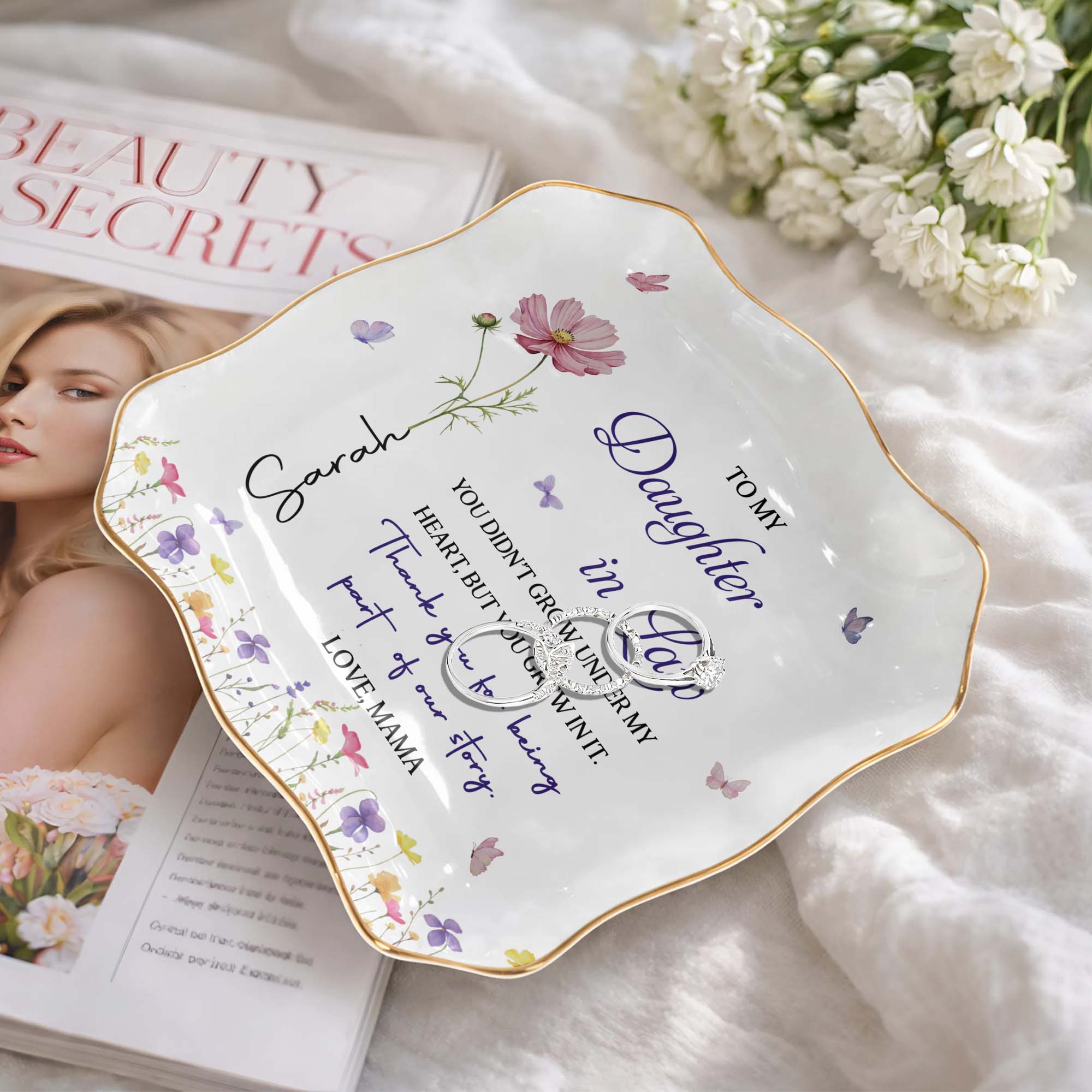 Personalized Lace Jewelry Dish Custom Name Gift for Daughter-In-Law Lace Square Jewelry Dish GradoCreations