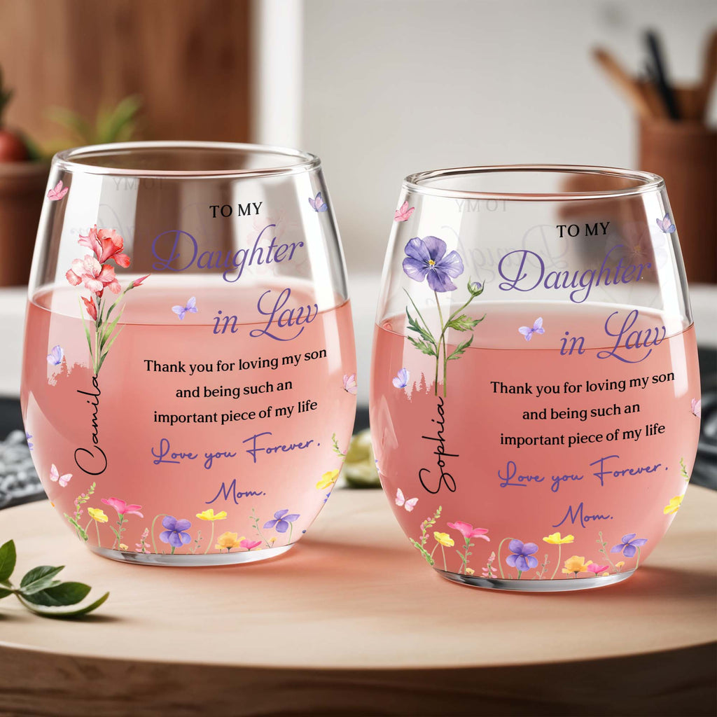 Personalized Stemless Wine Glass Custom Name Gift for Daughter-in-Law Wine Glasses GradoCreations