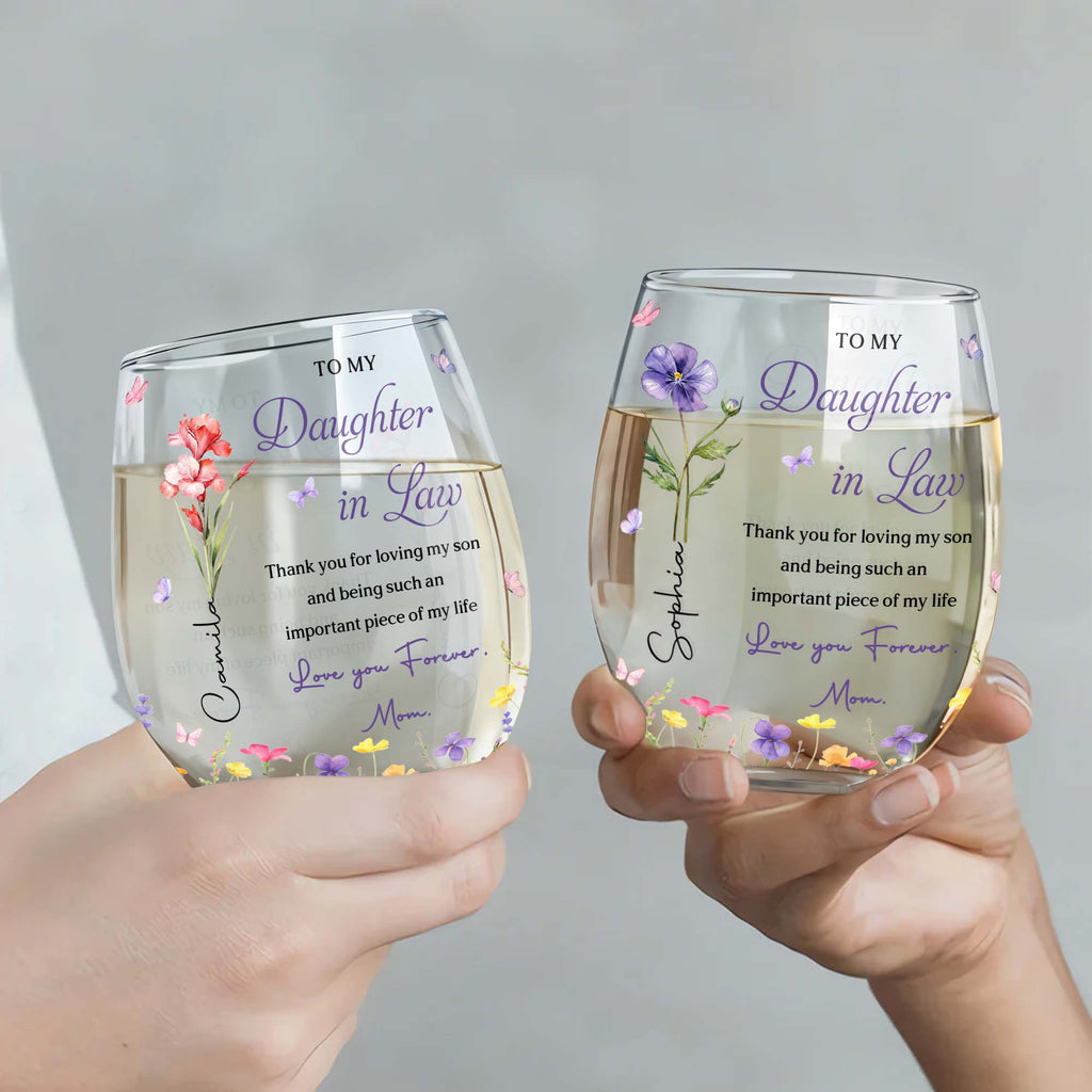 Personalized Stemless Wine Glass Custom Name Gift for Daughter-in-Law Wine Glasses GradoCreations