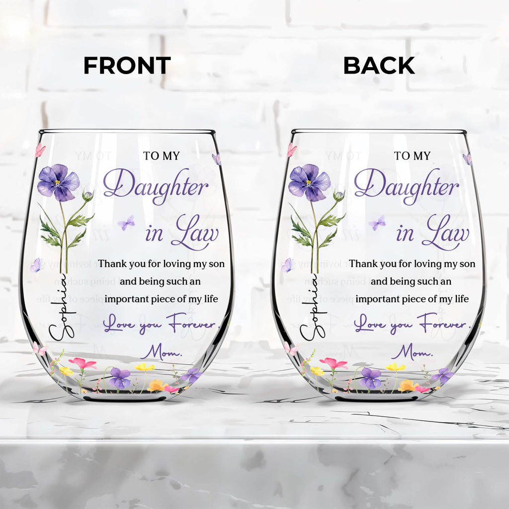 Personalized Stemless Wine Glass Custom Name Gift for Daughter-in-Law Wine Glasses GradoCreations
