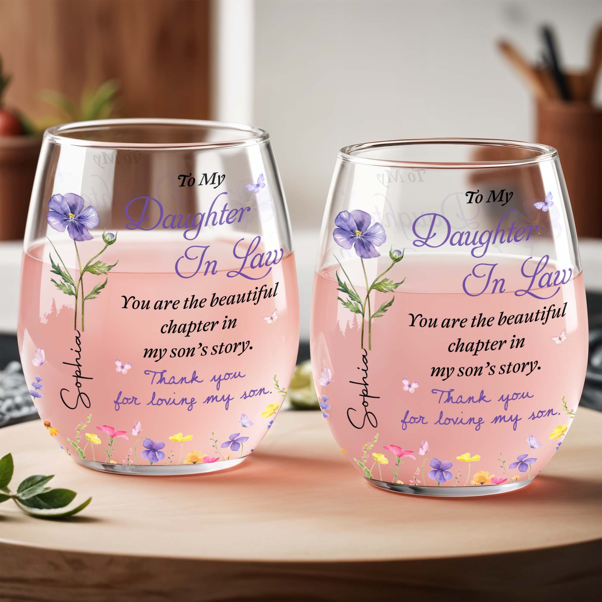 Personalized Stemless Wine Glass Custom Name Gift for Daughter-in-Law Wine Glasses GradoCreations