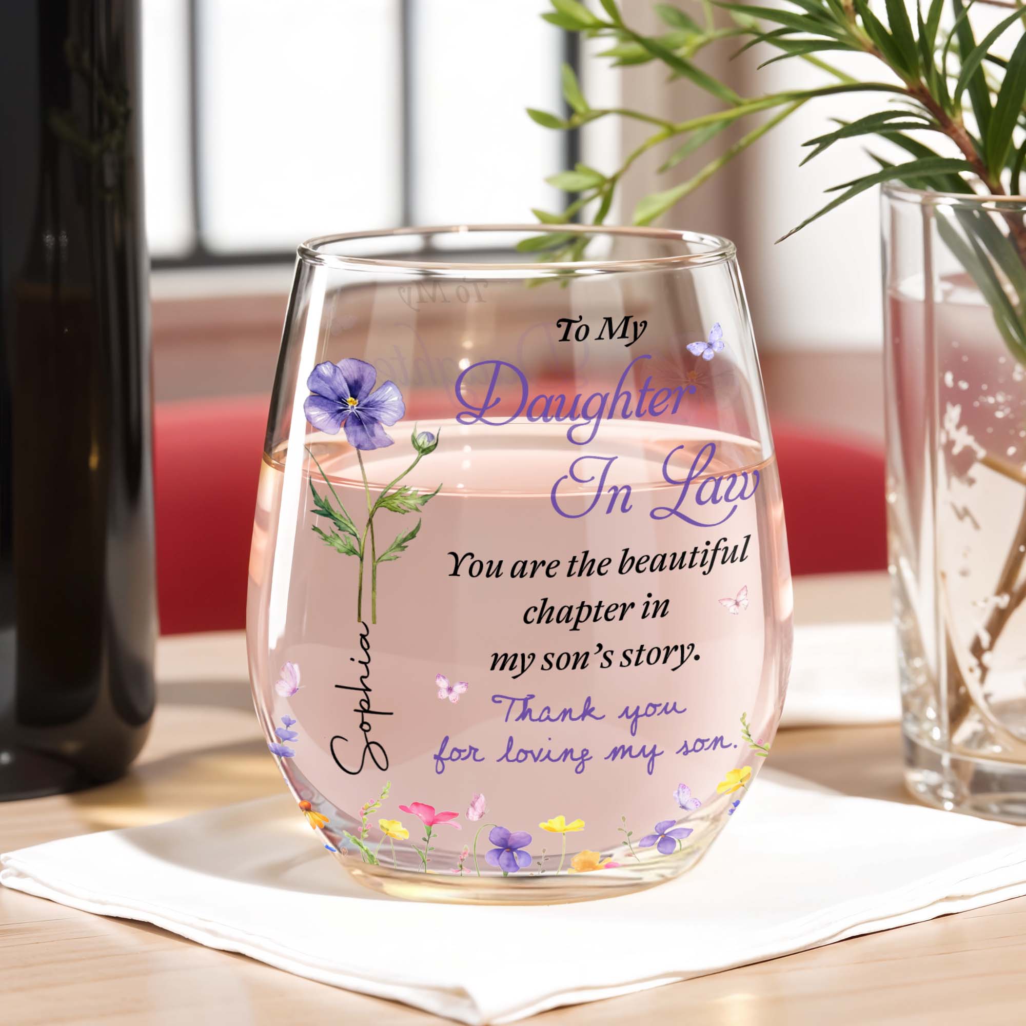 Personalized Stemless Wine Glass Custom Name Gift for Daughter-in-Law Wine Glasses GradoCreations