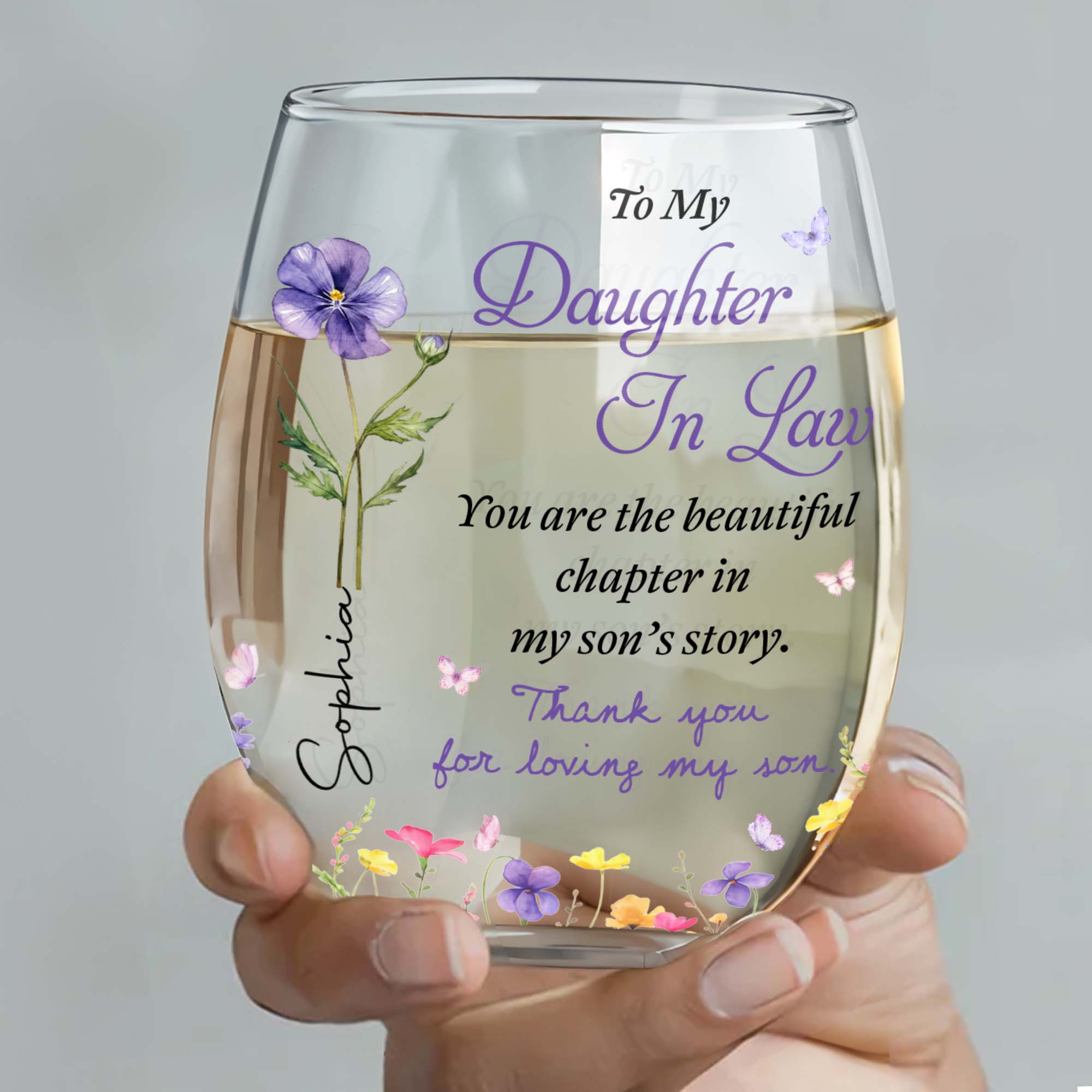 Personalized Stemless Wine Glass Custom Name Gift for Daughter-in-Law Wine Glasses GradoCreations