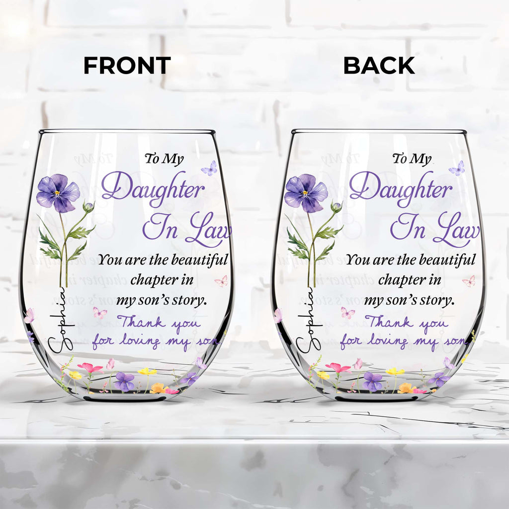 Personalized Stemless Wine Glass Custom Name Gift for Daughter-in-Law Wine Glasses GradoCreations