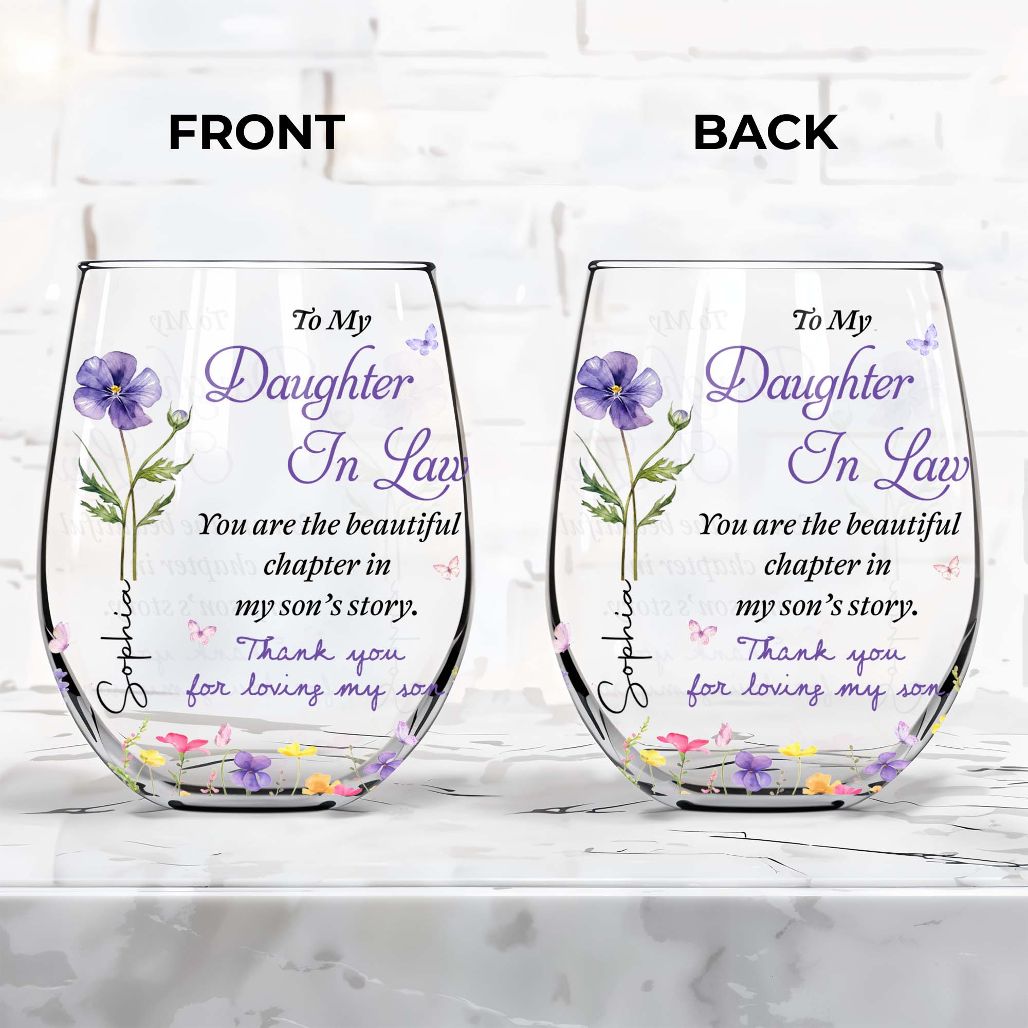 Personalized Stemless Wine Glass Custom Name Gift for Daughter-in-Law Wine Glasses GradoCreations