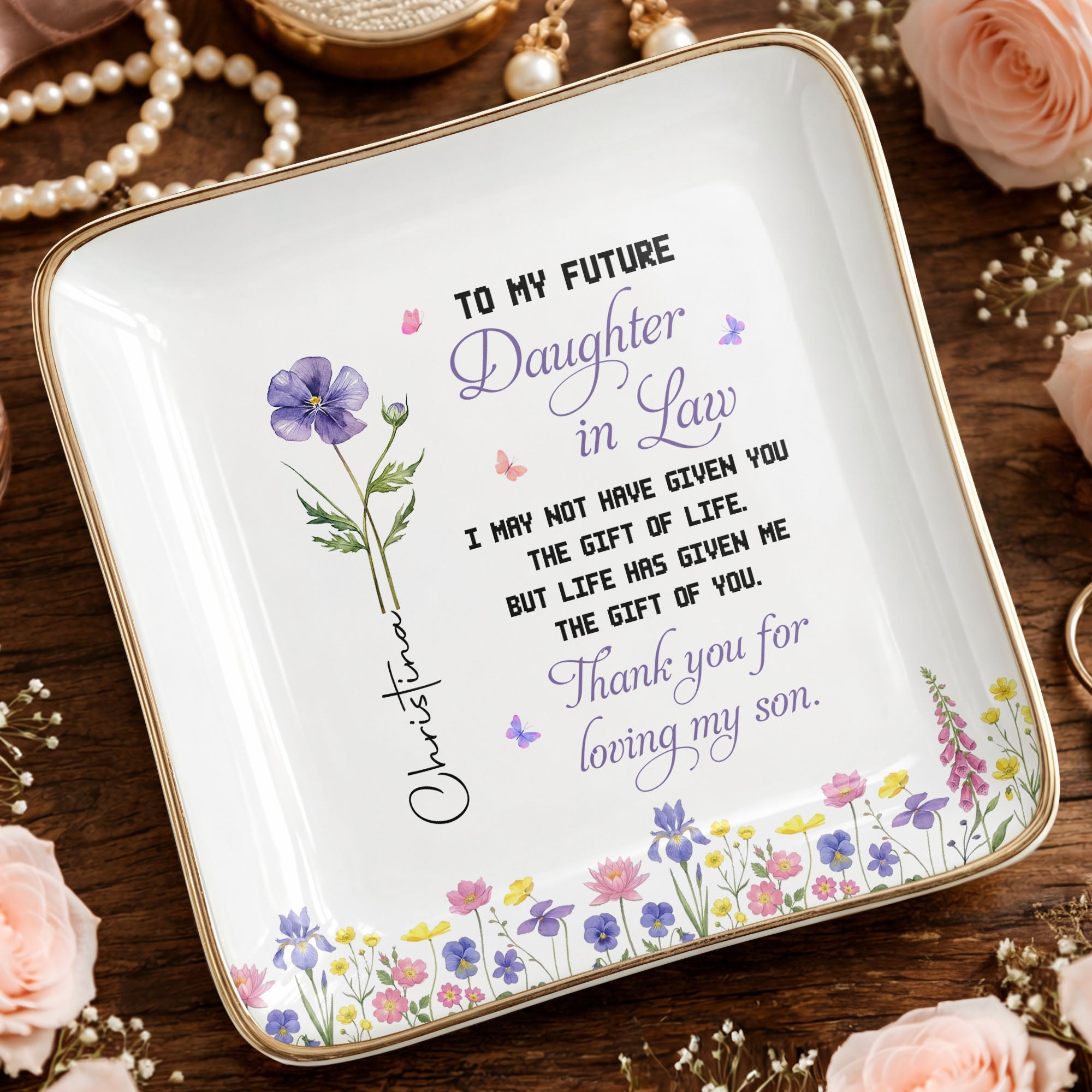 Personalized Ceramic Jewelry Dish Birth Month Flower Gift for Future Daughter-In-Law Jewelry Dish GradoCreations
