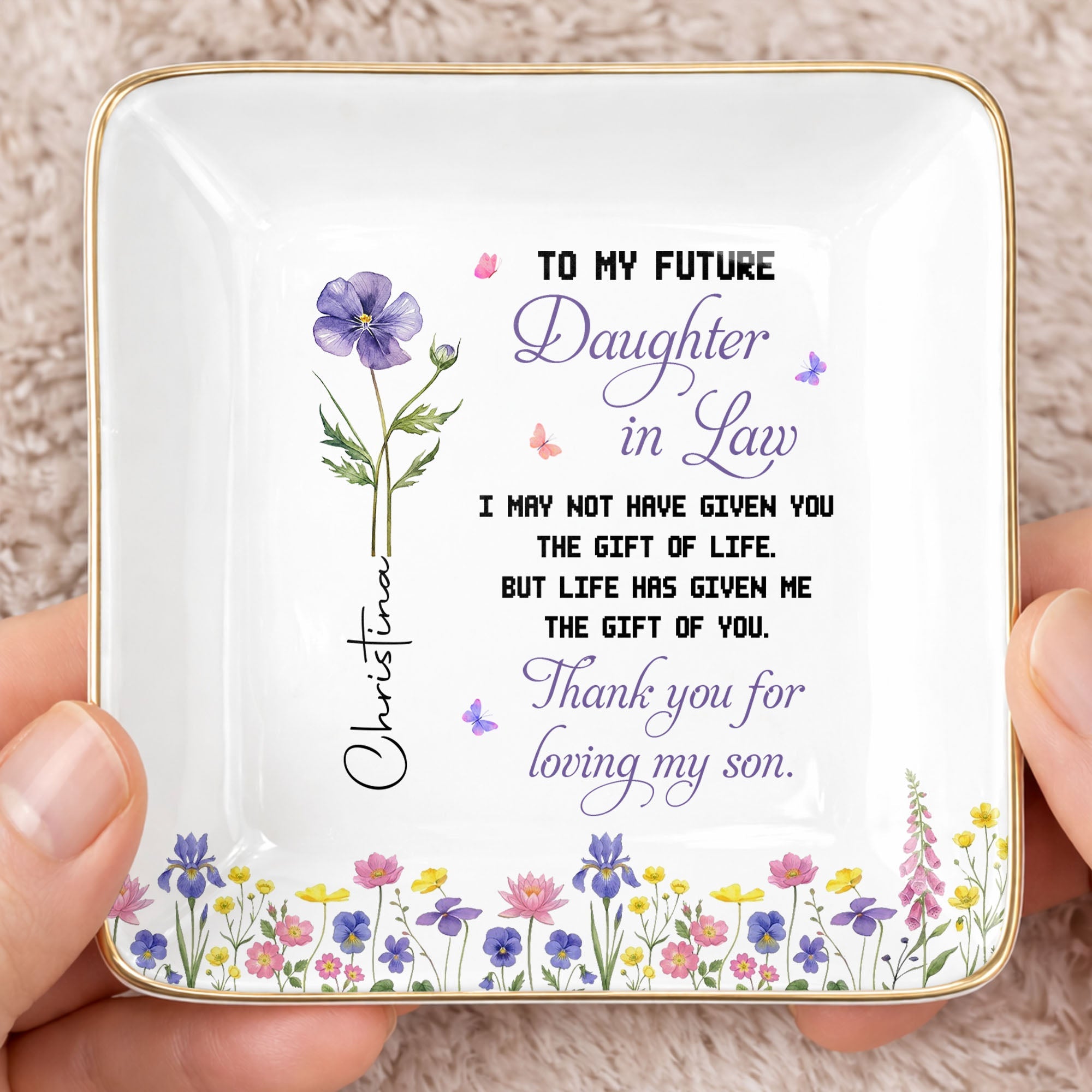 Personalized Ceramic Jewelry Dish Birth Month Flower Gift for Future Daughter-In-Law Jewelry Dish GradoCreations
