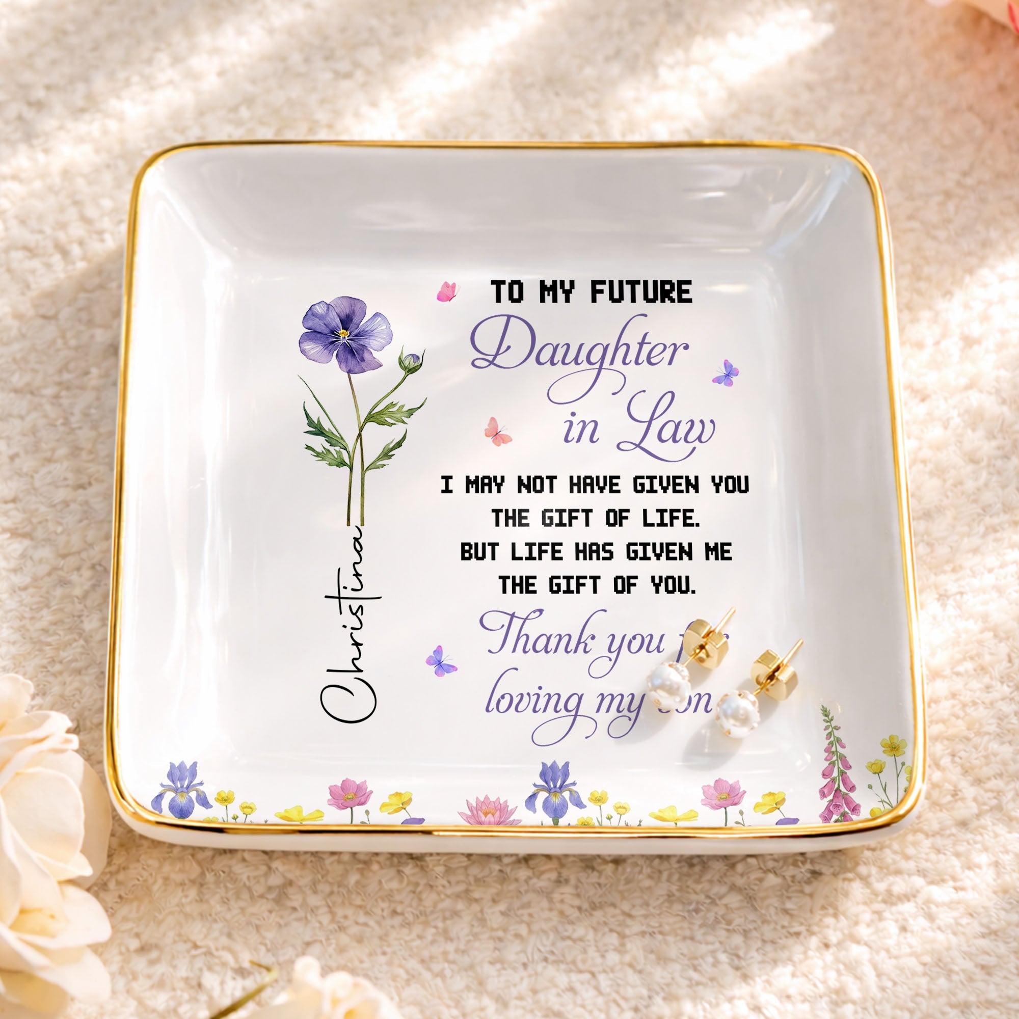 Personalized Ceramic Jewelry Dish Birth Month Flower Gift for Future Daughter-In-Law Jewelry Dish GradoCreations