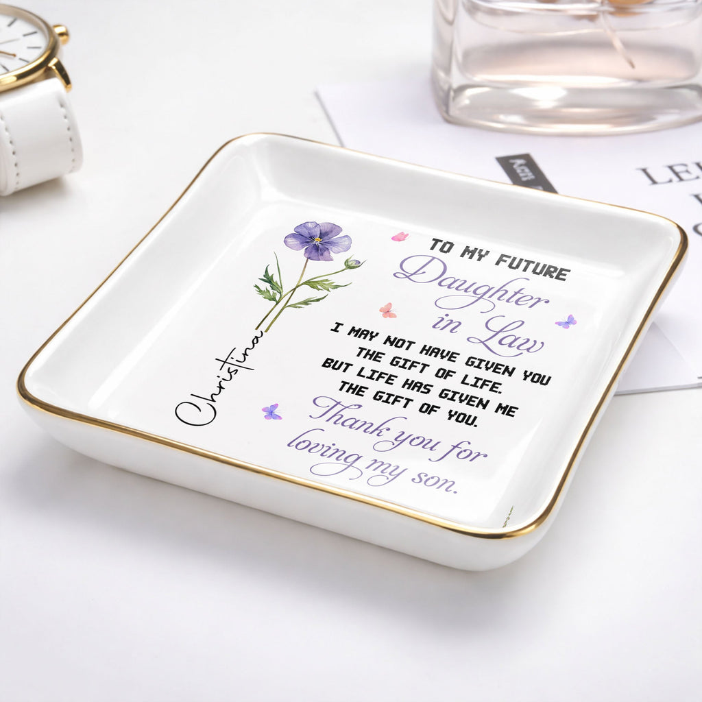 Personalized Ceramic Jewelry Dish Birth Month Flower Gift for Future Daughter-In-Law Jewelry Dish GradoCreations