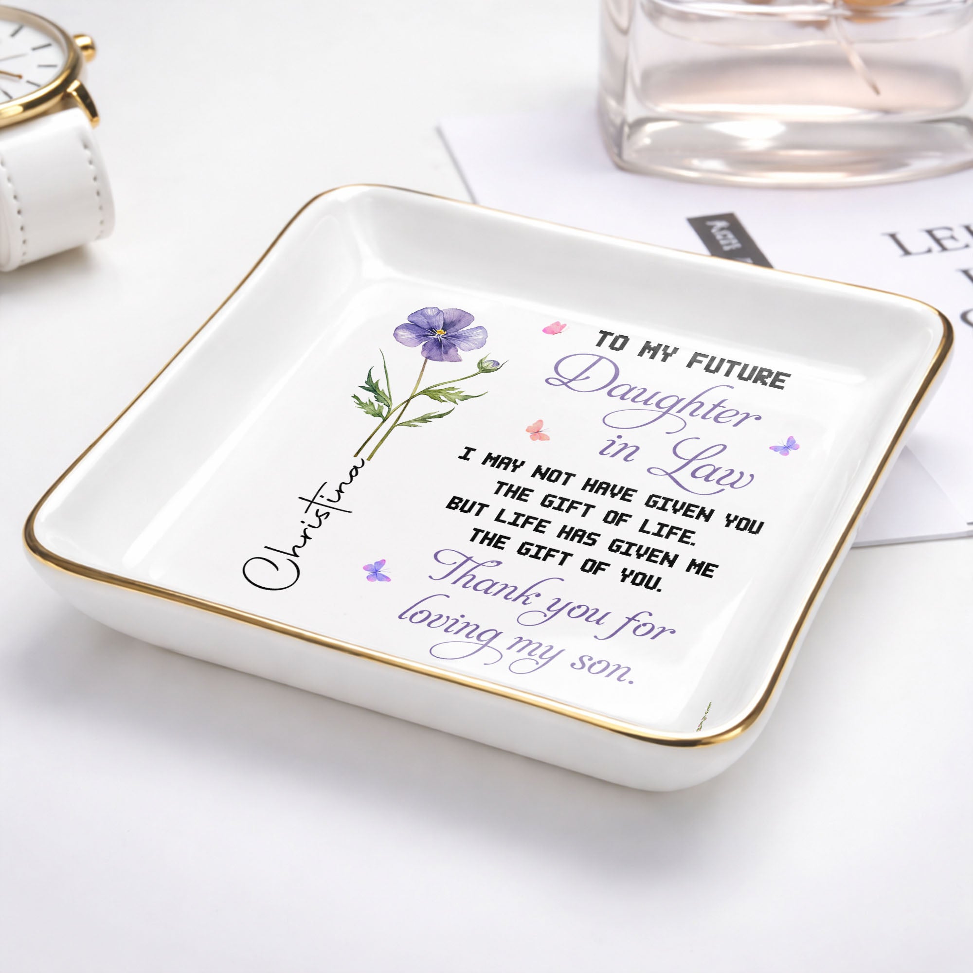 Personalized Ceramic Jewelry Dish Birth Month Flower Gift for Future Daughter-In-Law Jewelry Dish GradoCreations