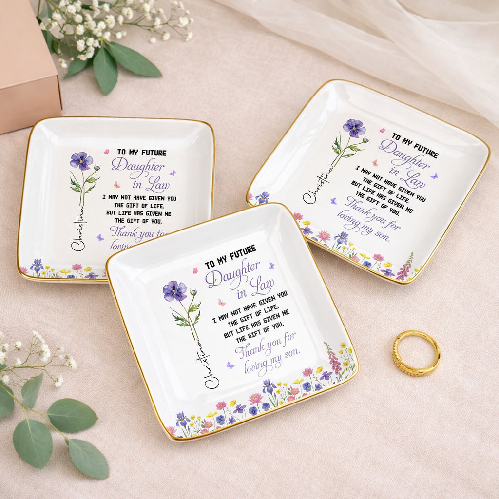 Personalized Ceramic Jewelry Dish Birth Month Flower Gift for Future Daughter-In-Law Jewelry Dish GradoCreations