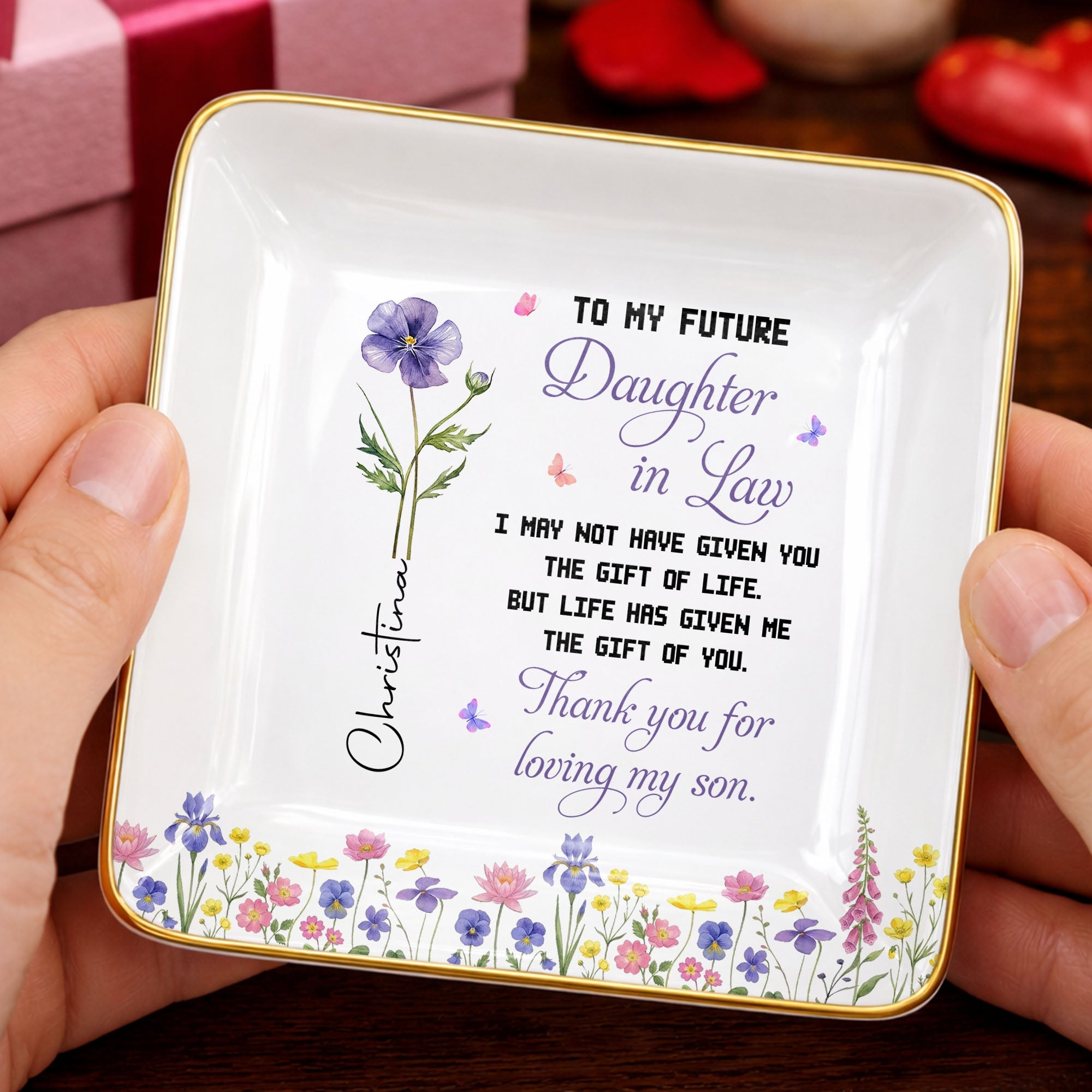 Personalized Ceramic Jewelry Dish Birth Month Flower Gift for Future Daughter-In-Law Jewelry Dish GradoCreations