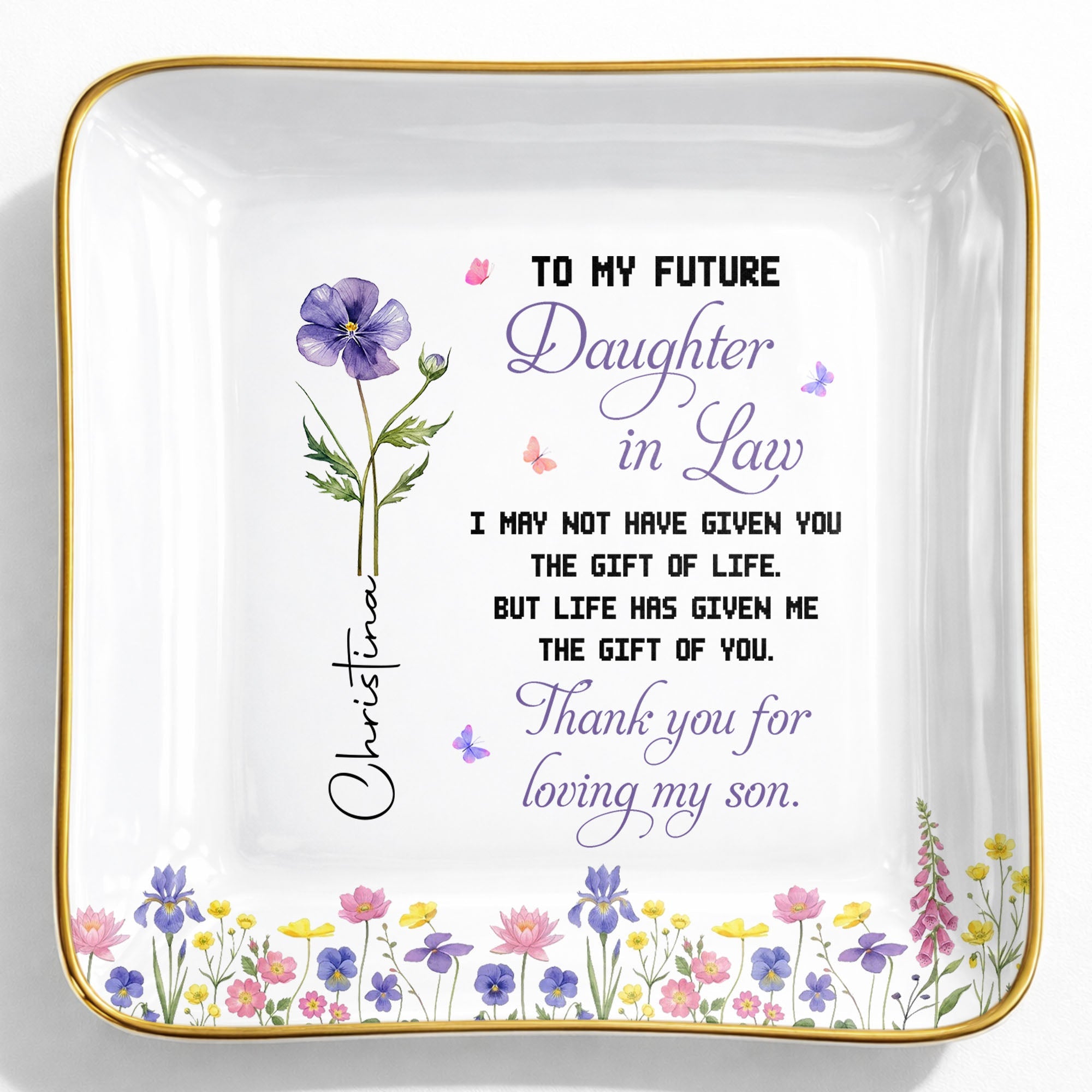 Personalized Ceramic Jewelry Dish Birth Month Flower Gift for Future Daughter-In-Law Jewelry Dish GradoCreations