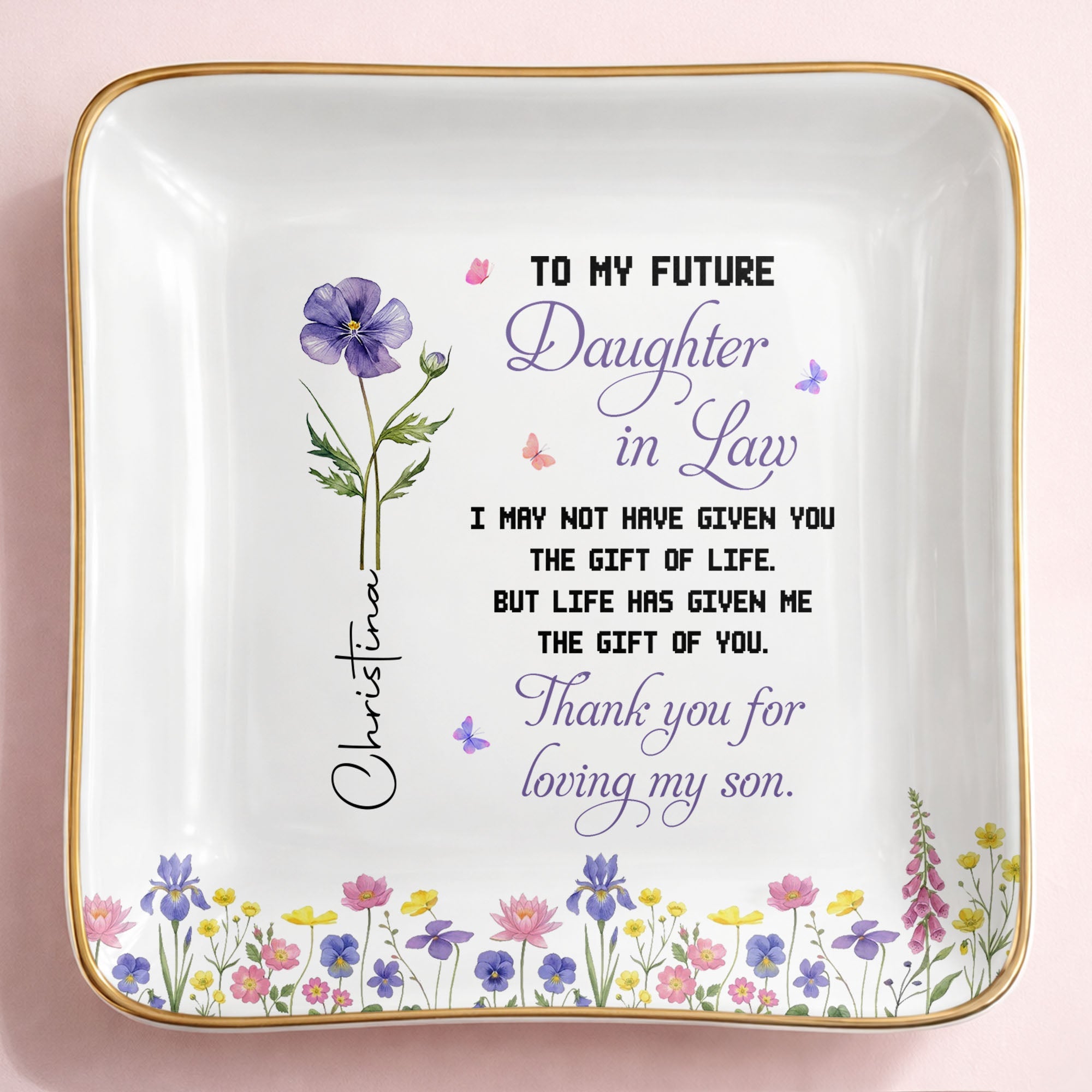 Personalized Ceramic Jewelry Dish Birth Month Flower Gift for Future Daughter-In-Law Jewelry Dish GradoCreations