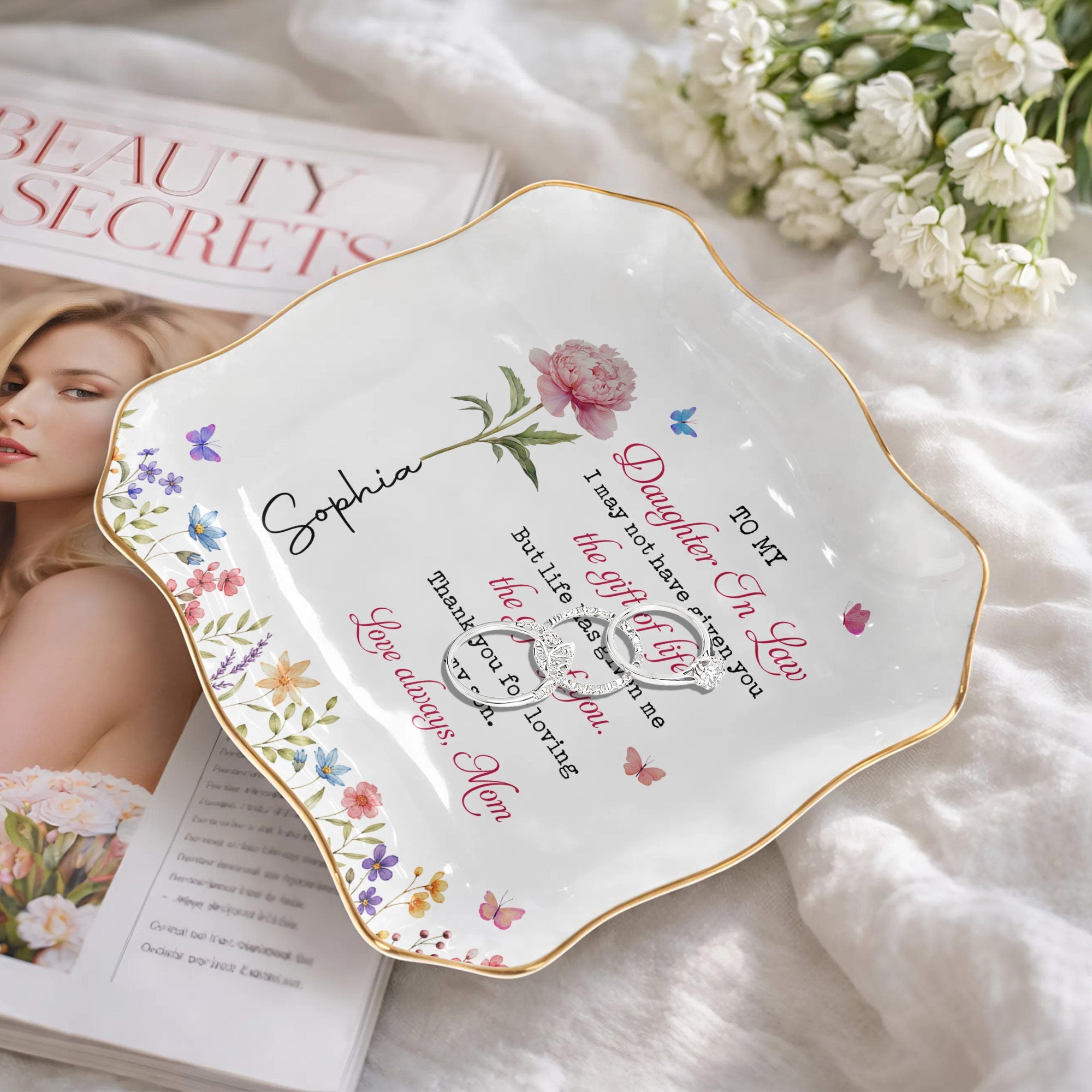 Personalized Lace Jewelry Dish Custom Name Gift for Daughter-in-Law Lace Square Jewelry Dish GradoCreations