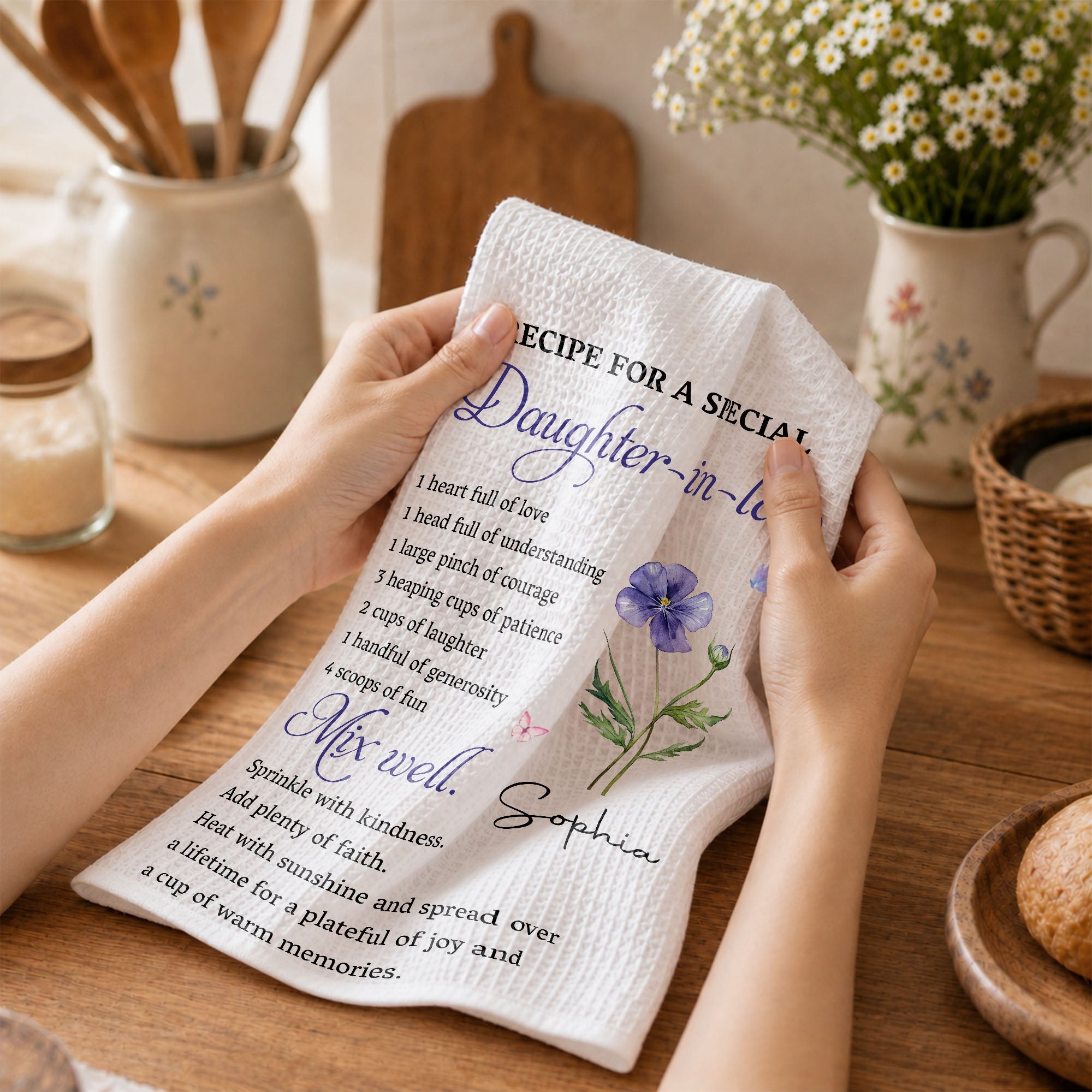 Personalized Kitchen Towel Custom Birth Month Flower Gift for Daughter-in-Law
