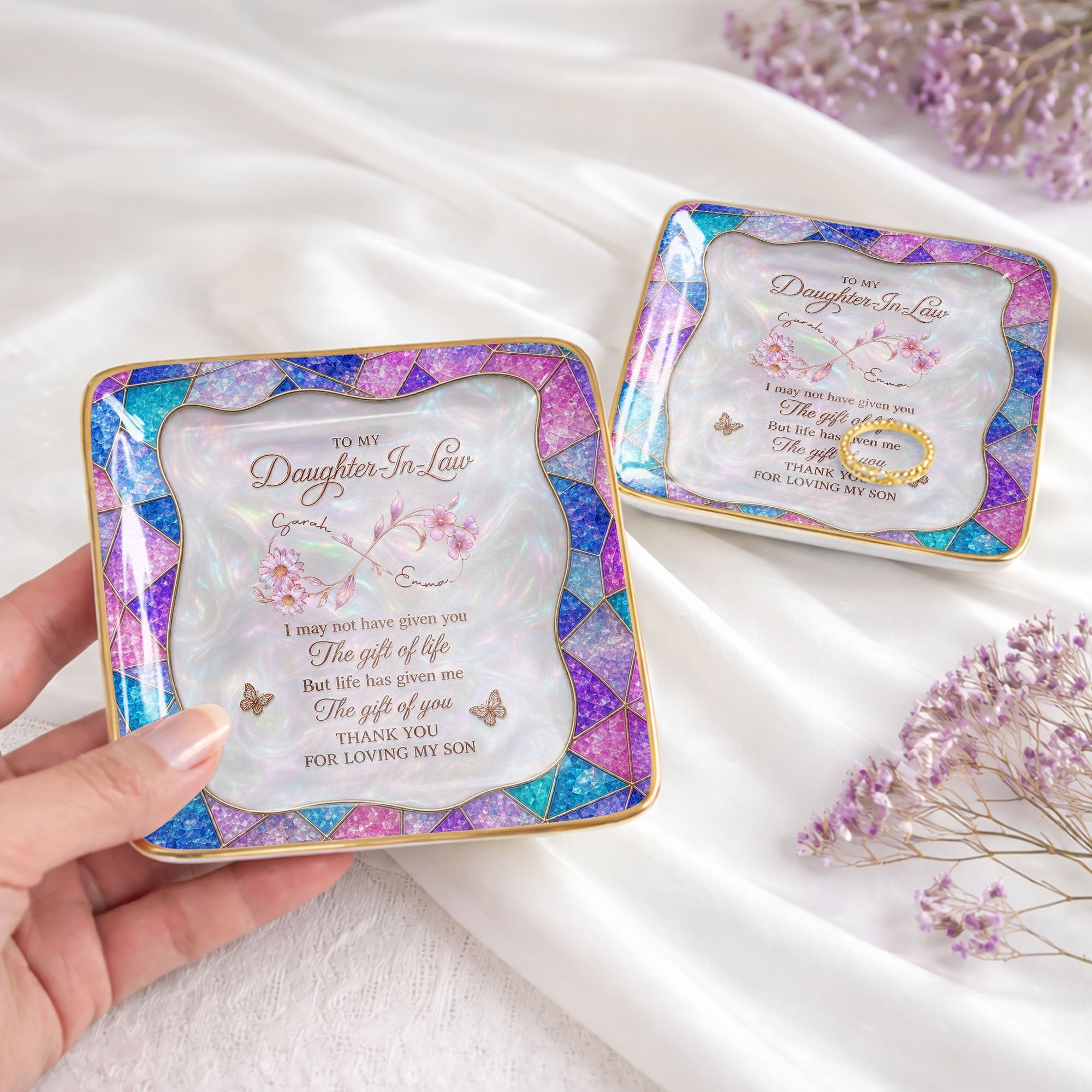 Personalized Jewelry Dish Custom Flowers Gift for Daughter-in-Law