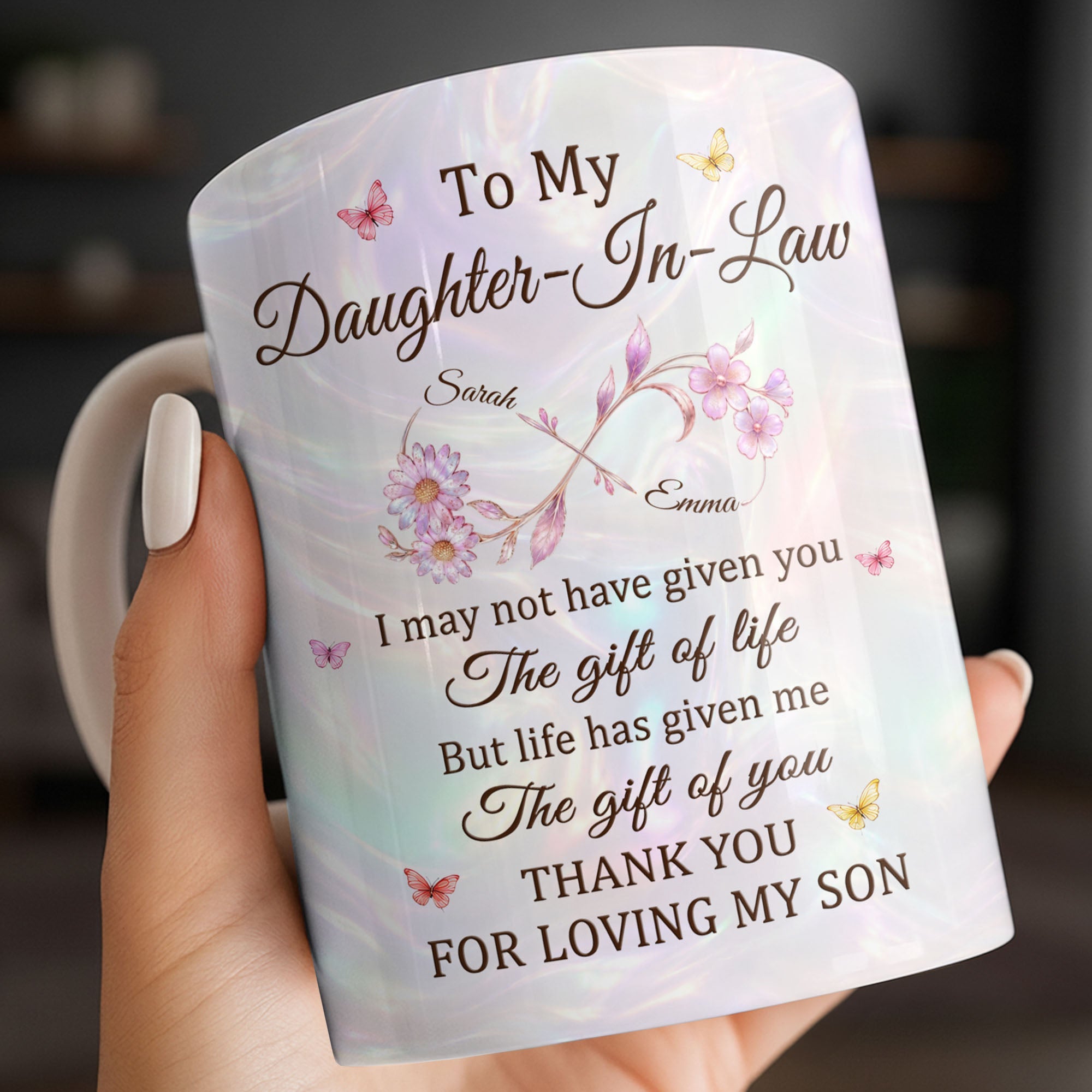 Personalized Infinity Flower Coffee Mug Custom Gift for Daughter-In-Law Edge-to-edge Mug GradoCreations