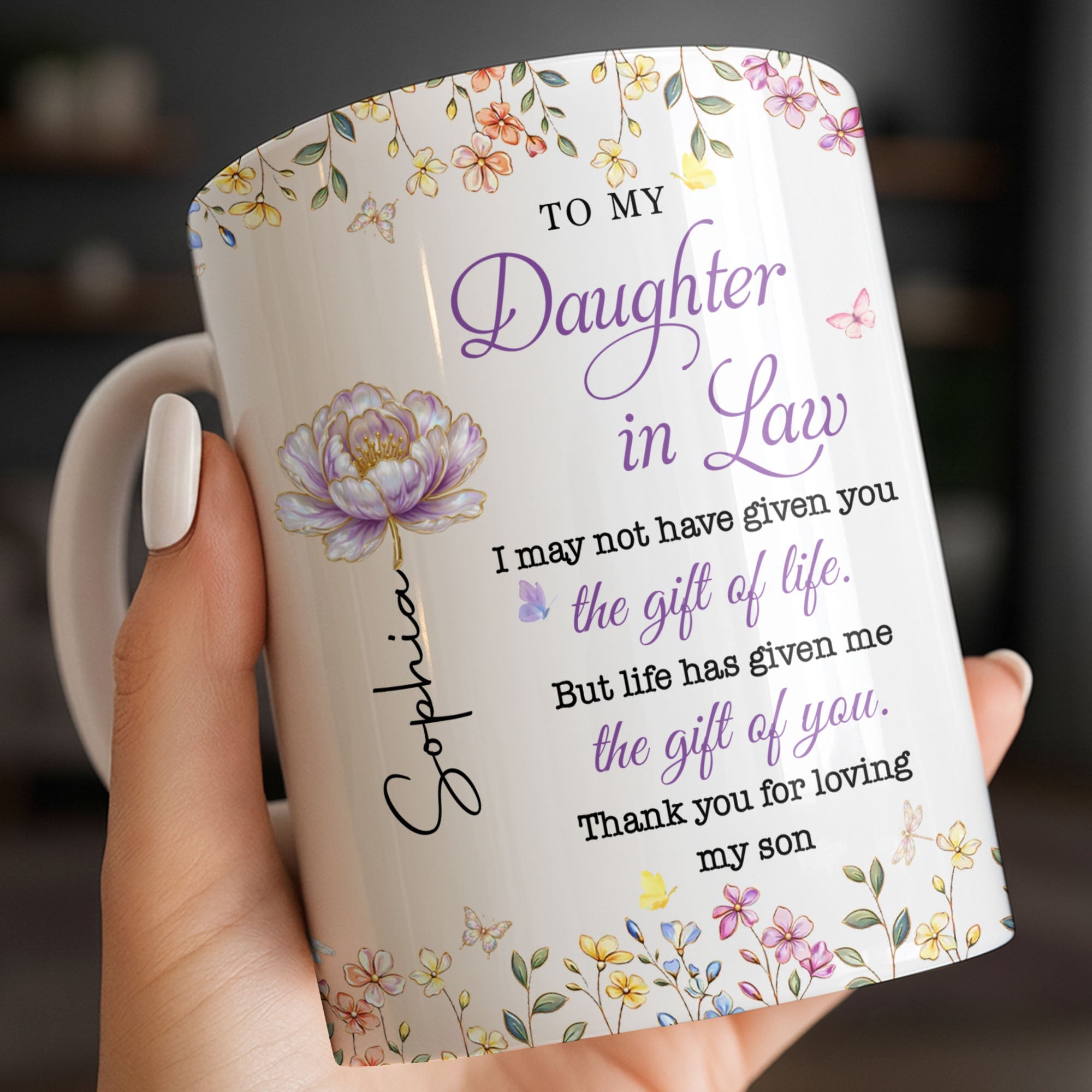 Personalized Coffee Mug Custom Floral Gift for Daughter-in-Law Edge-to-edge Mug GradoCreations