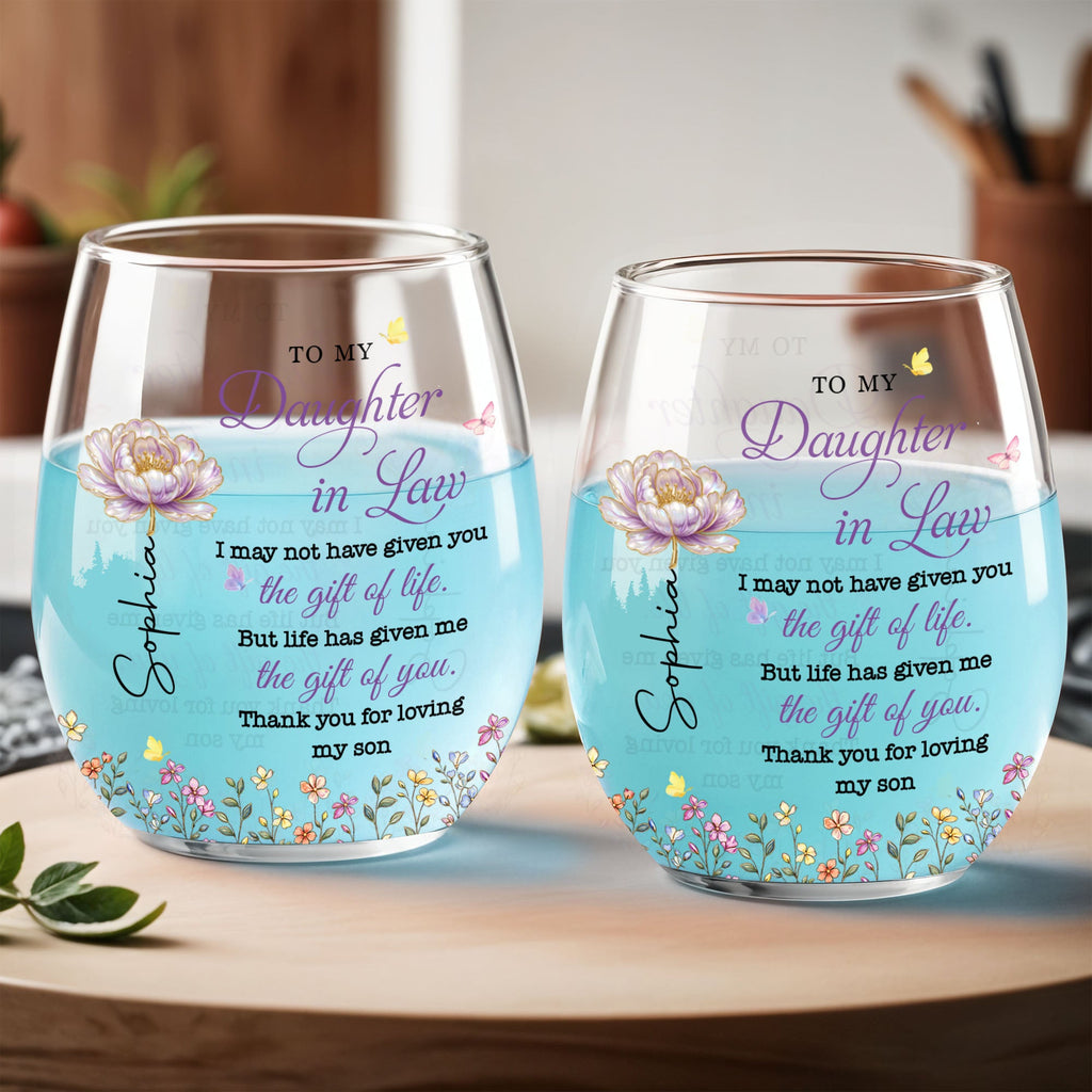 Personalized Stemless Wine Glass Custom Birth Month Flowers Gift for Daughter-in-Law Wine Glasses GradoCreations