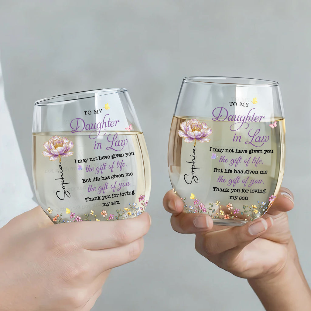 Personalized Stemless Wine Glass Custom Birth Month Flowers Gift for Daughter-in-Law Wine Glasses GradoCreations