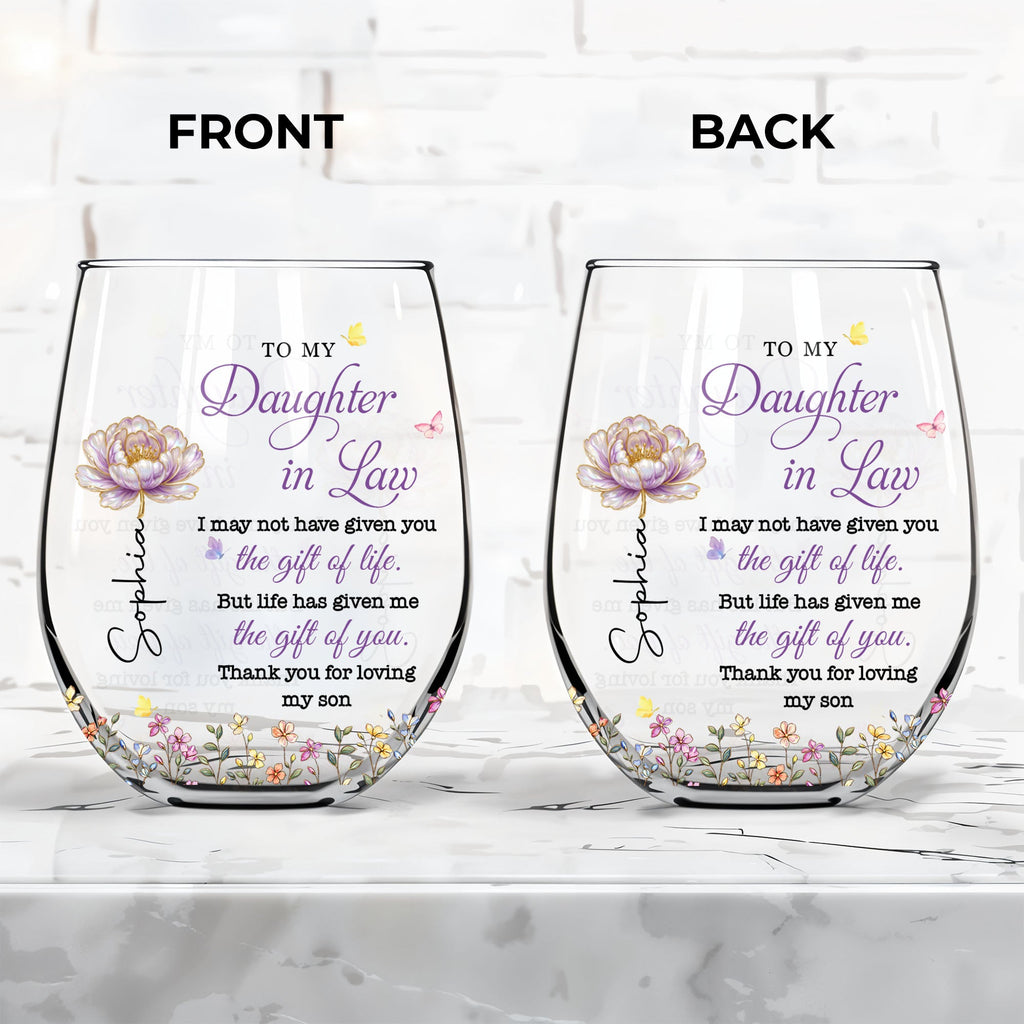 Personalized Stemless Wine Glass Custom Birth Month Flowers Gift for Daughter-in-Law Wine Glasses GradoCreations