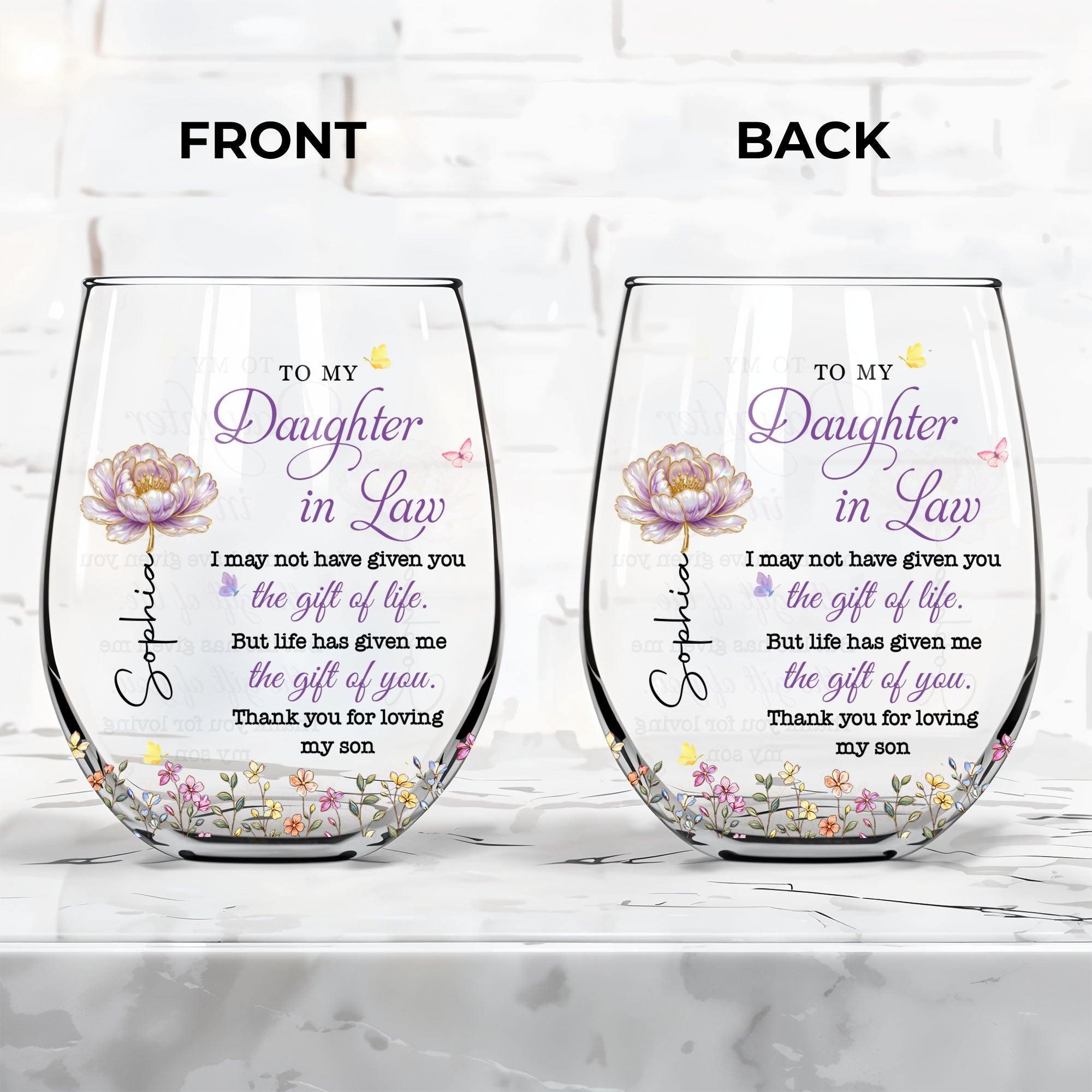 Personalized Stemless Wine Glass Custom Birth Month Flowers Gift for Daughter-in-Law Wine Glasses GradoCreations