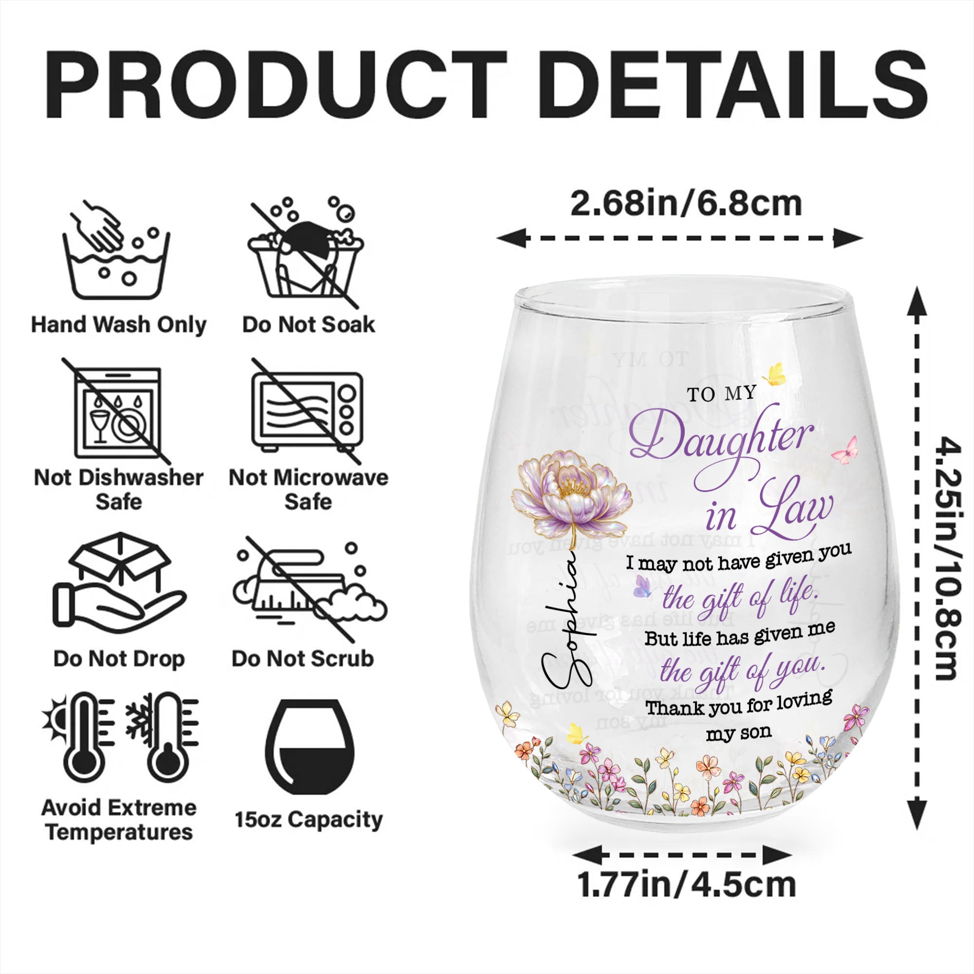 Personalized Stemless Wine Glass Custom Birth Month Flowers Gift for Daughter-in-Law Wine Glasses GradoCreations