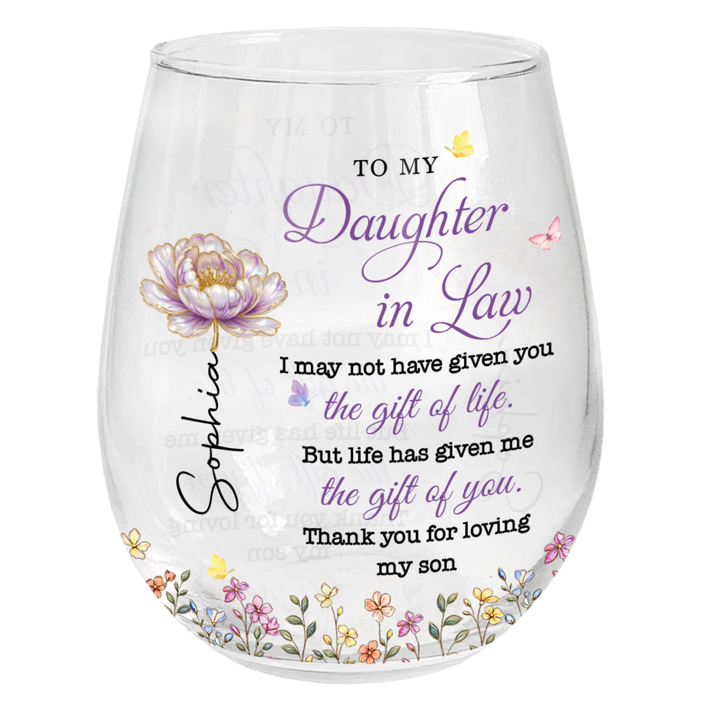 Personalized Stemless Wine Glass Custom Birth Month Flowers Gift for Daughter-in-Law Wine Glasses GradoCreations
