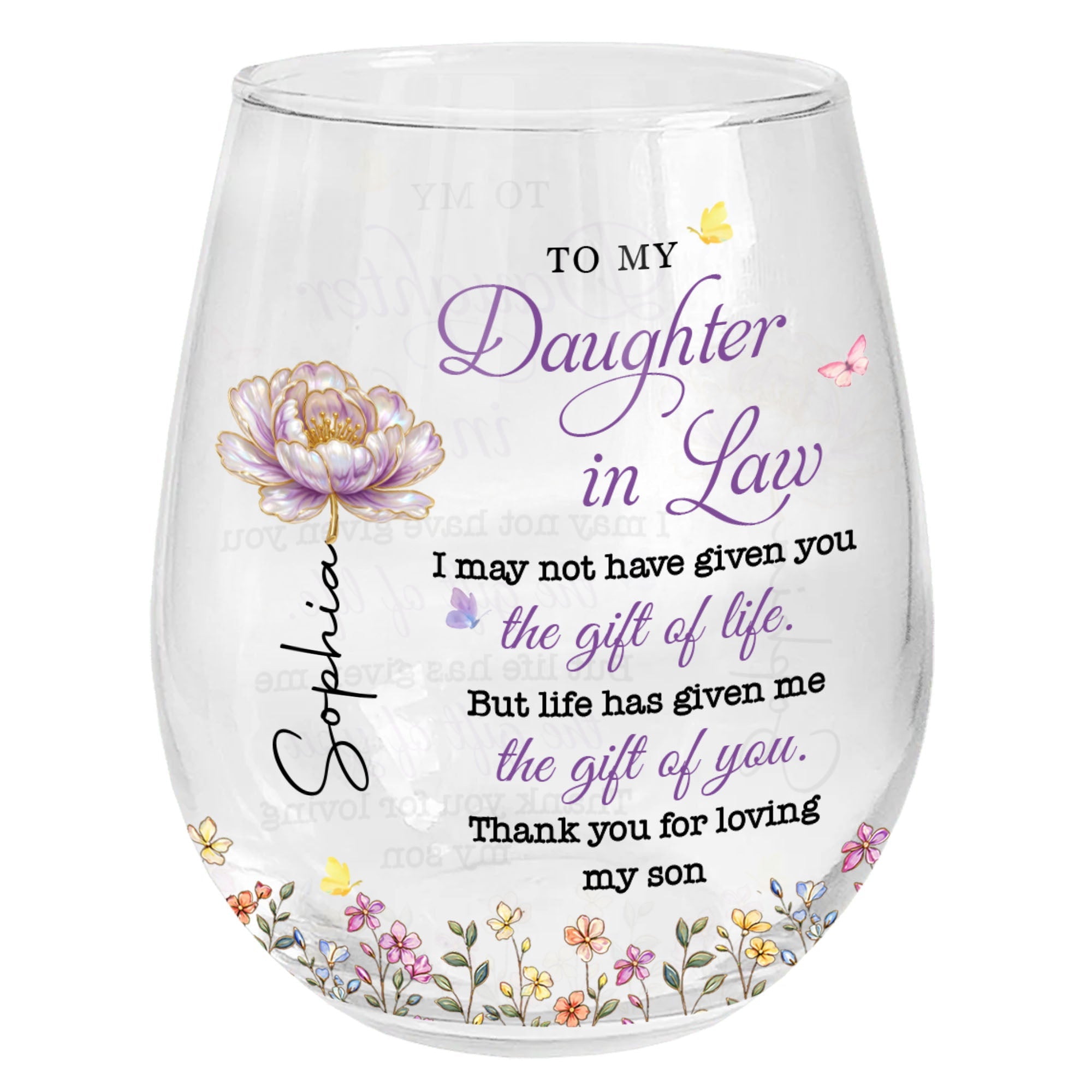 Personalized Stemless Wine Glass Custom Birth Month Flowers Gift for Daughter-in-Law Wine Glasses GradoCreations