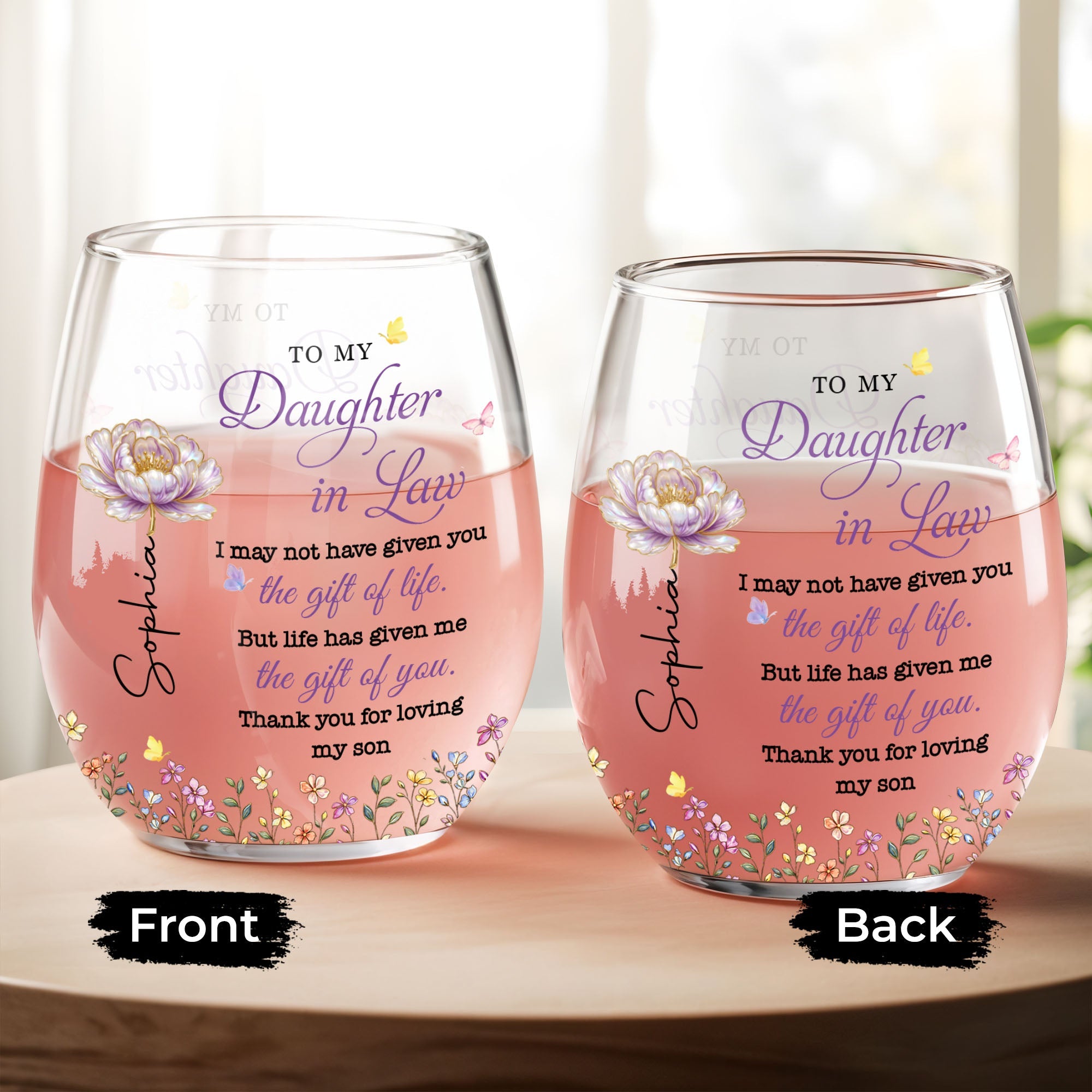 Personalized Stemless Wine Glass Custom Birth Month Flowers Gift for Daughter-in-Law Wine Glasses GradoCreations