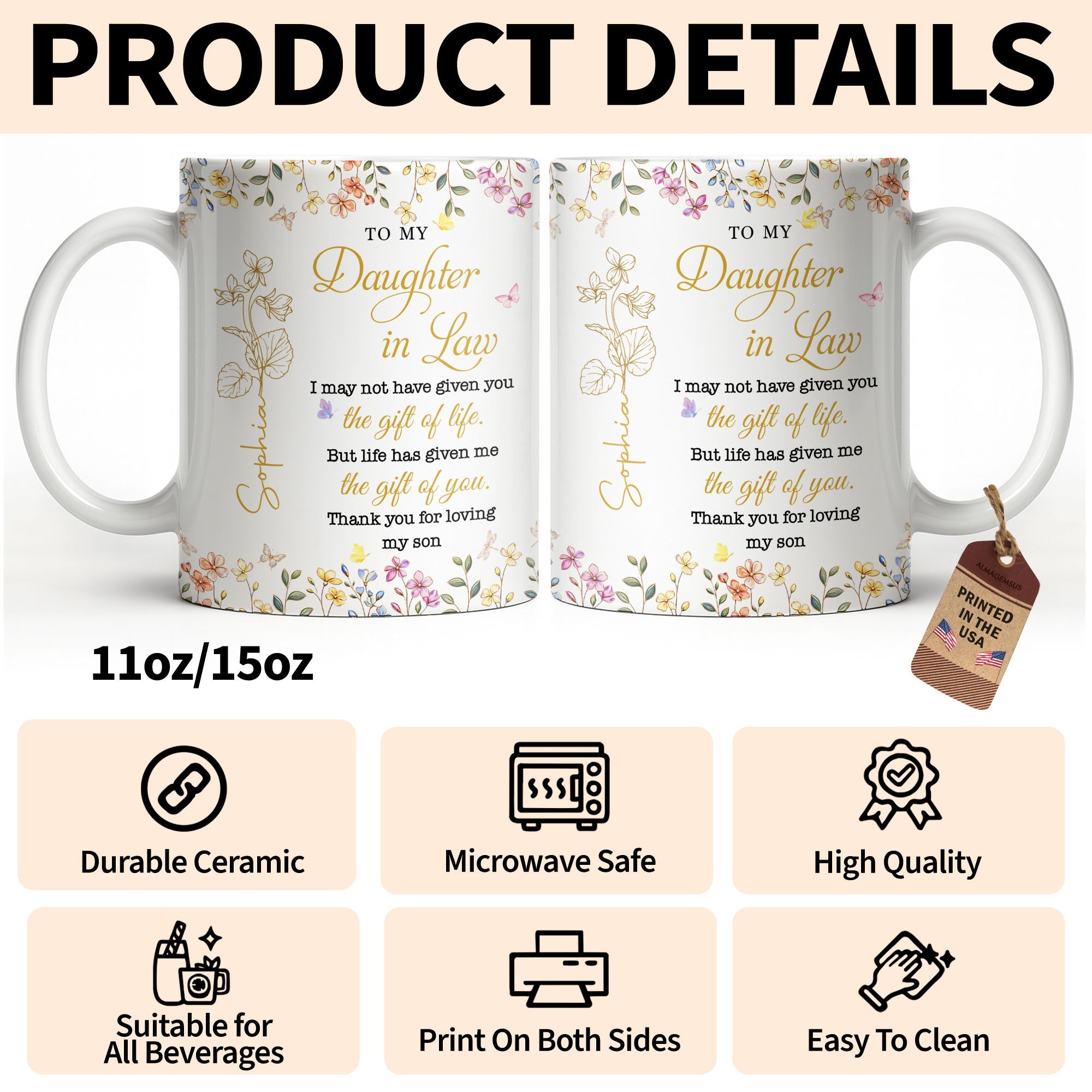 Personalized Floral Coffee Mug Custom Gift for Daughter-in-Law Edge-to-edge Mug GradoCreations