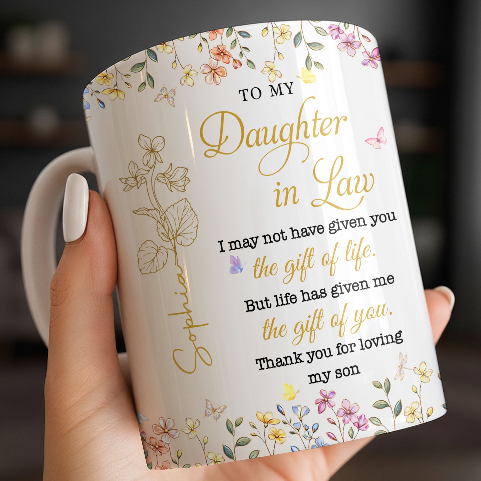 Personalized Floral Coffee Mug Custom Gift for Daughter-in-Law Edge-to-edge Mug GradoCreations