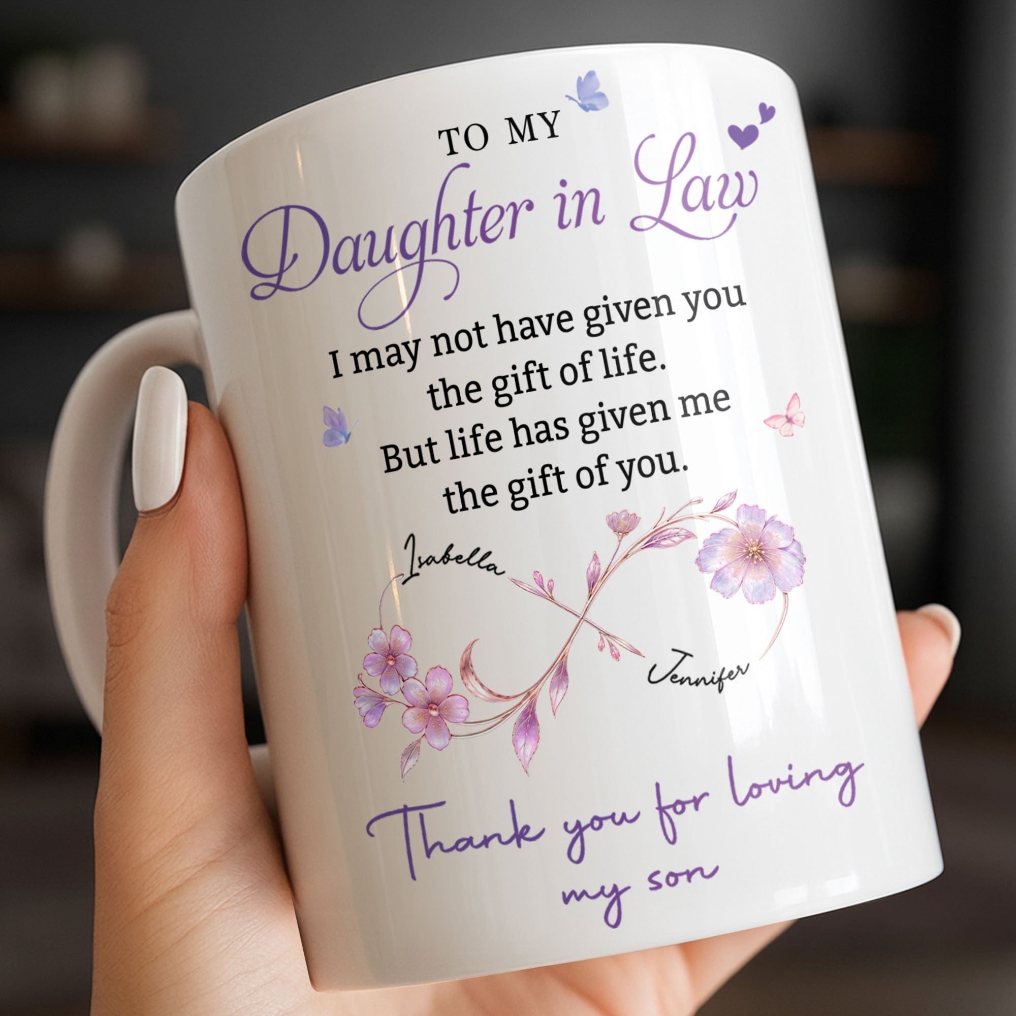 Personalized Custom Coffee Mug with Birth Month Flowers Gift for Daughter-in-Law Edge-to-edge Mug GradoCreations