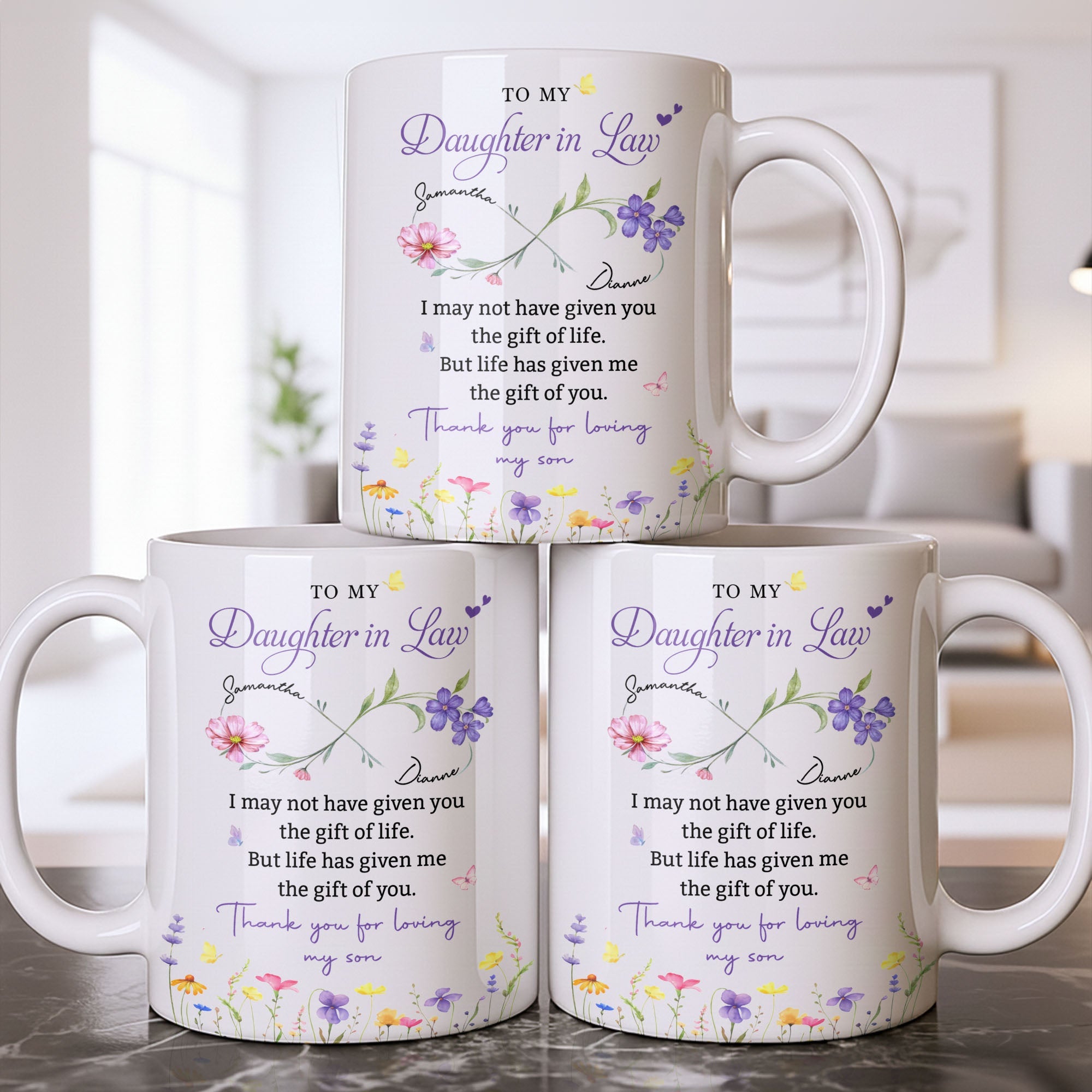 Personalized Coffee Mug Custom Flowers Gift for Daughter-in-Law Edge-to-edge Mug GradoCreations