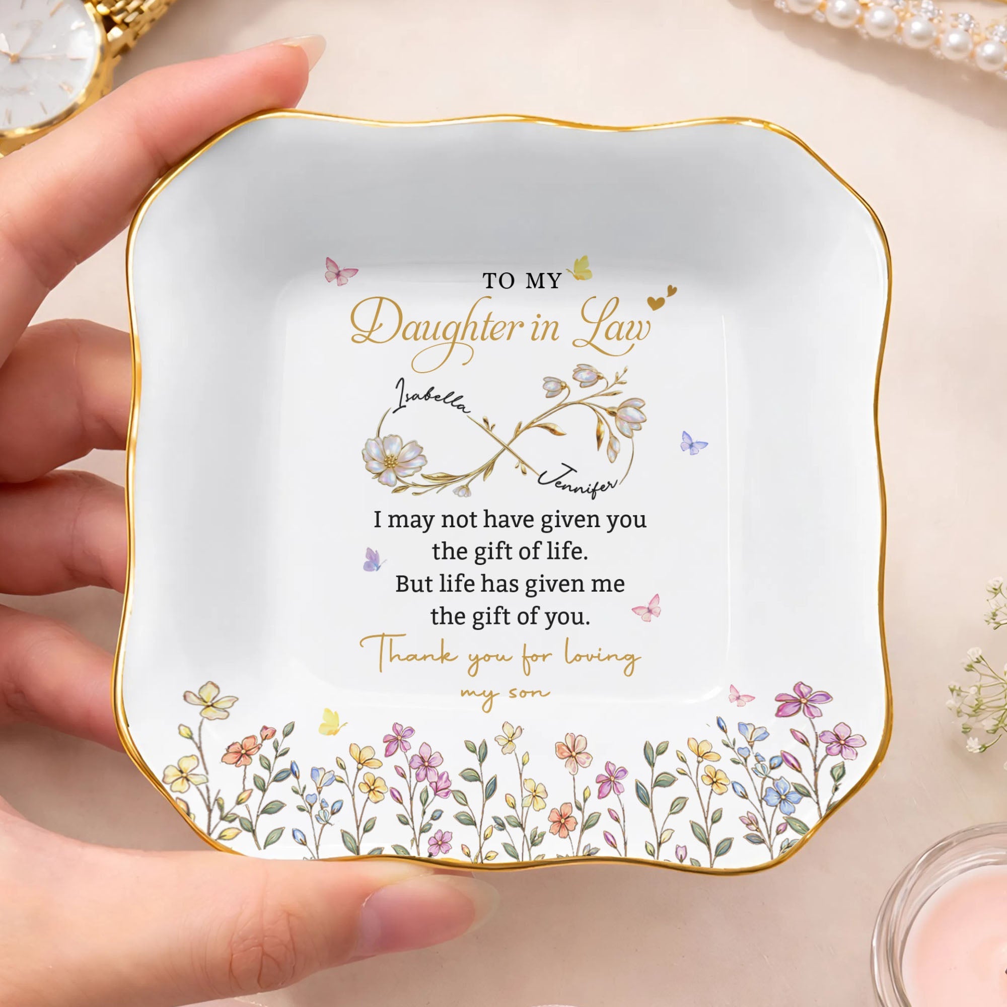 Personalized Lace Jewelry Dish Custom Name Gift for Daughter-in-Law Lace Square Jewelry Dish GradoCreations