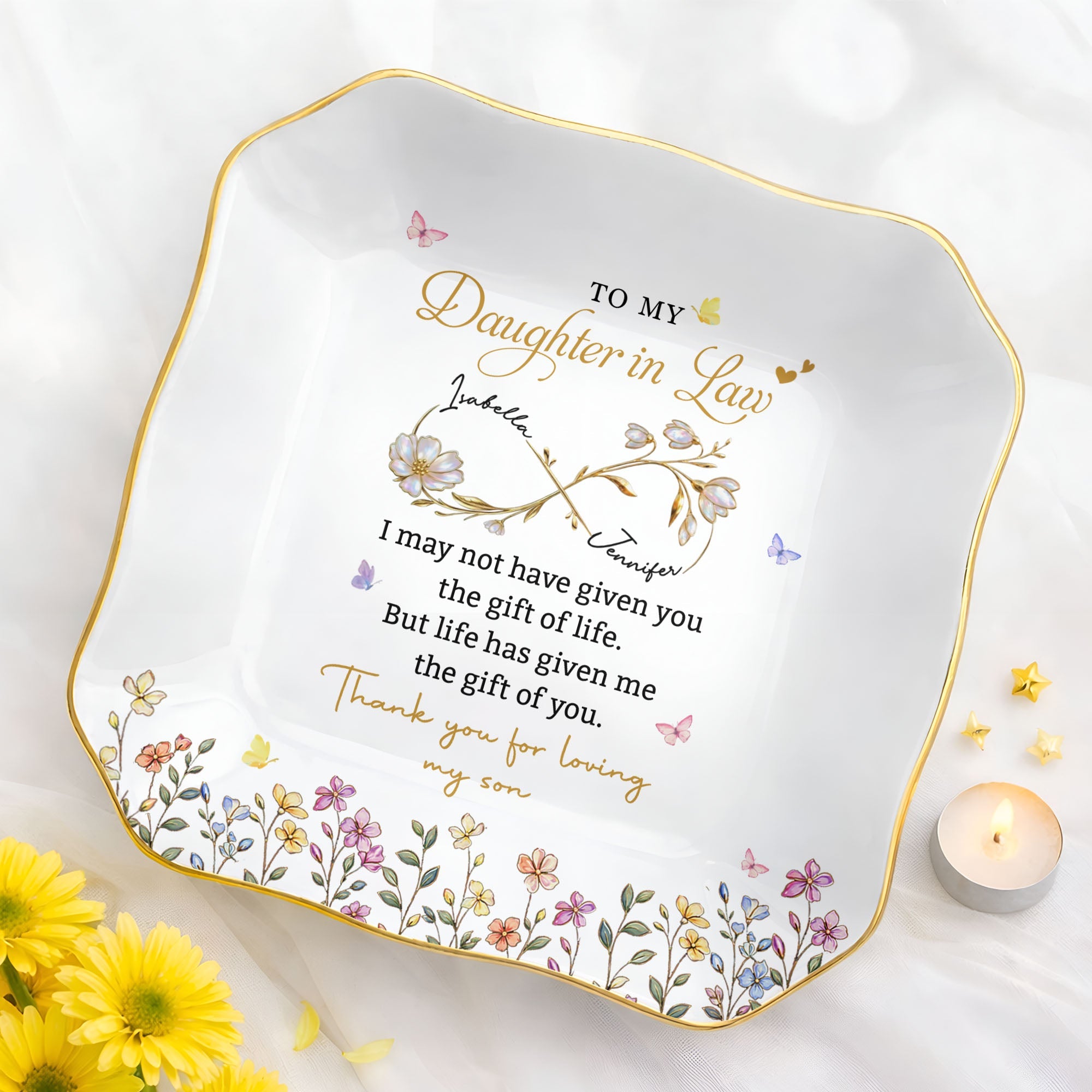 Personalized Lace Jewelry Dish Custom Name Gift for Daughter-in-Law Lace Square Jewelry Dish GradoCreations