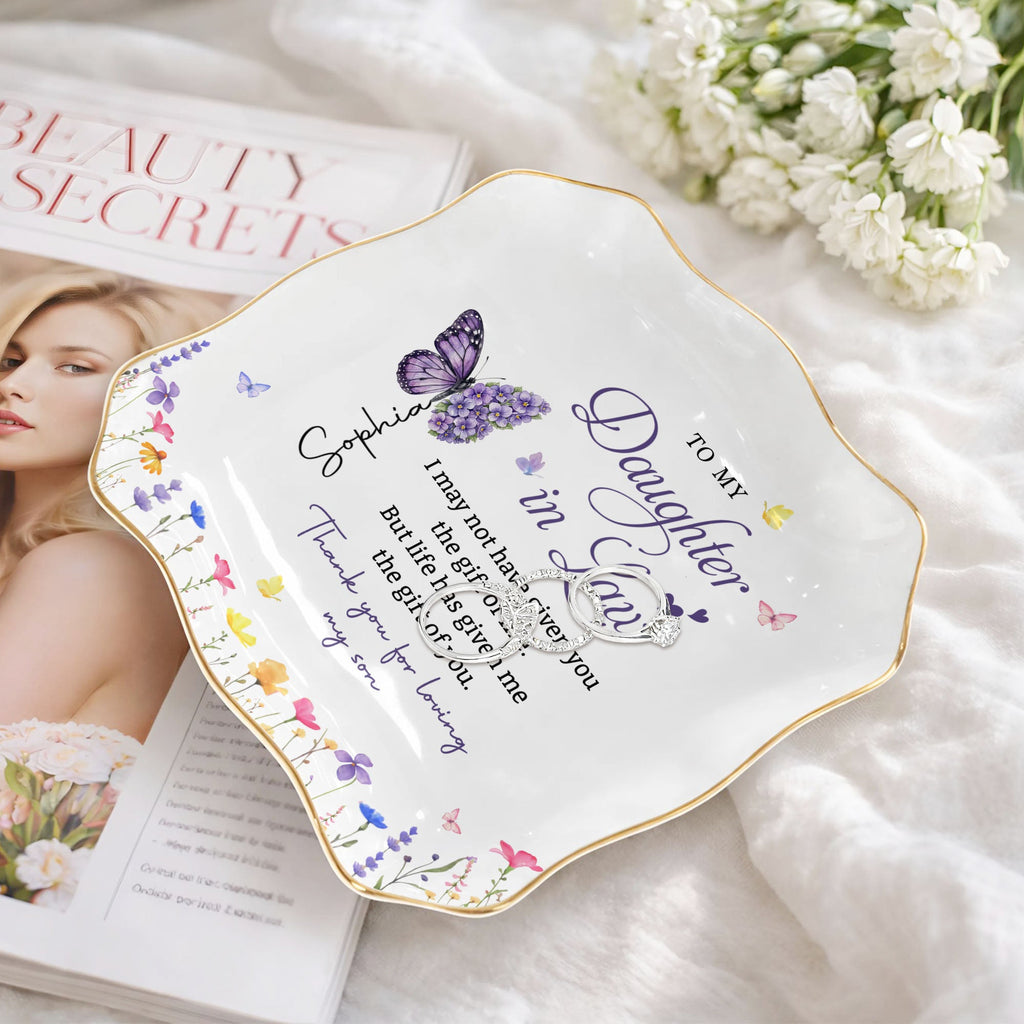 Personalized Lace Jewelry Dish Butterfly Design Gift for Daughter-in-Law Lace Square Jewelry Dish GradoCreations