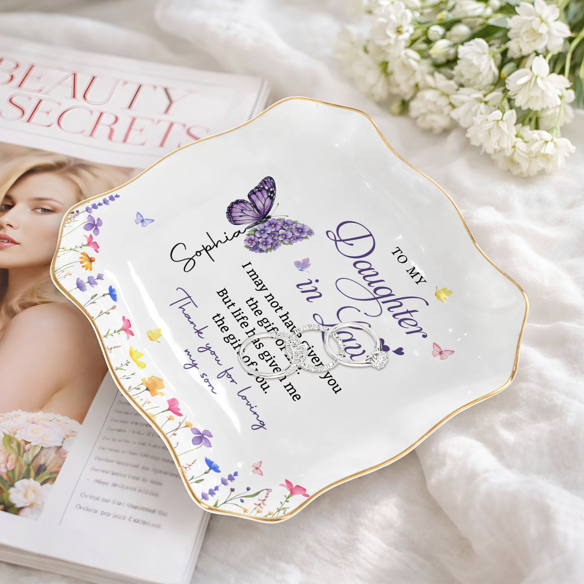 Personalized Lace Jewelry Dish Butterfly Design Gift for Daughter-in-Law Lace Square Jewelry Dish GradoCreations