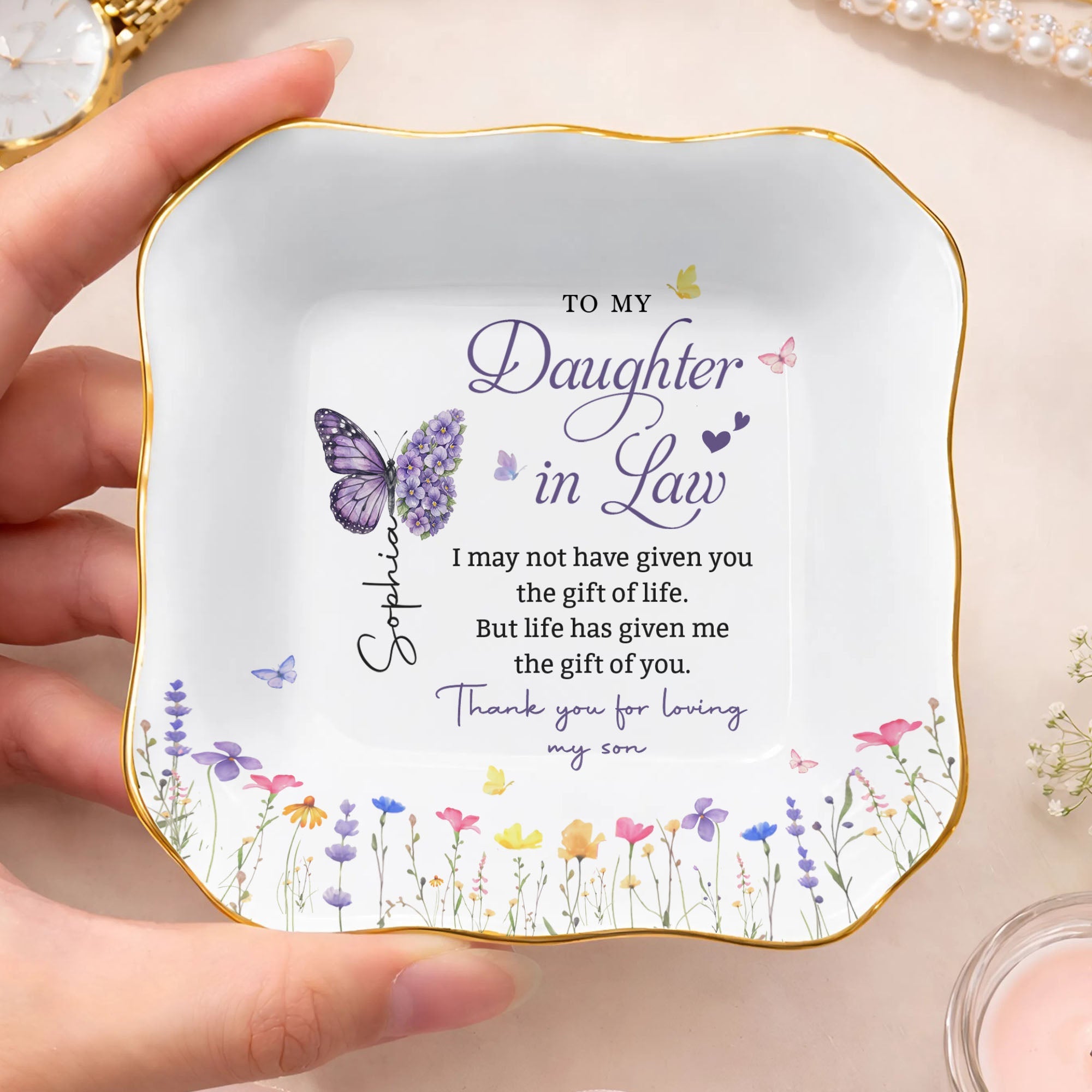 Personalized Lace Jewelry Dish Butterfly Design Gift for Daughter-in-Law Lace Square Jewelry Dish GradoCreations