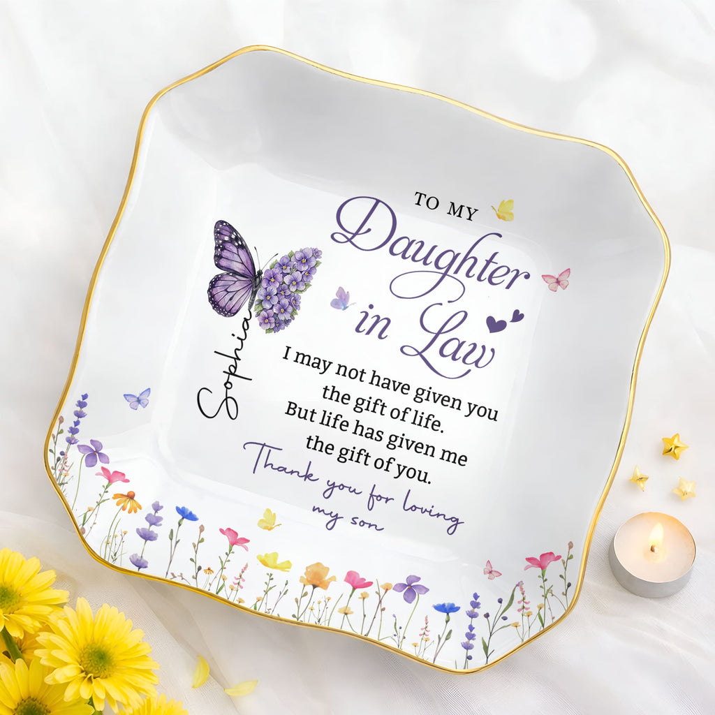 Personalized Lace Jewelry Dish Butterfly Design Gift for Daughter-in-Law Lace Square Jewelry Dish GradoCreations