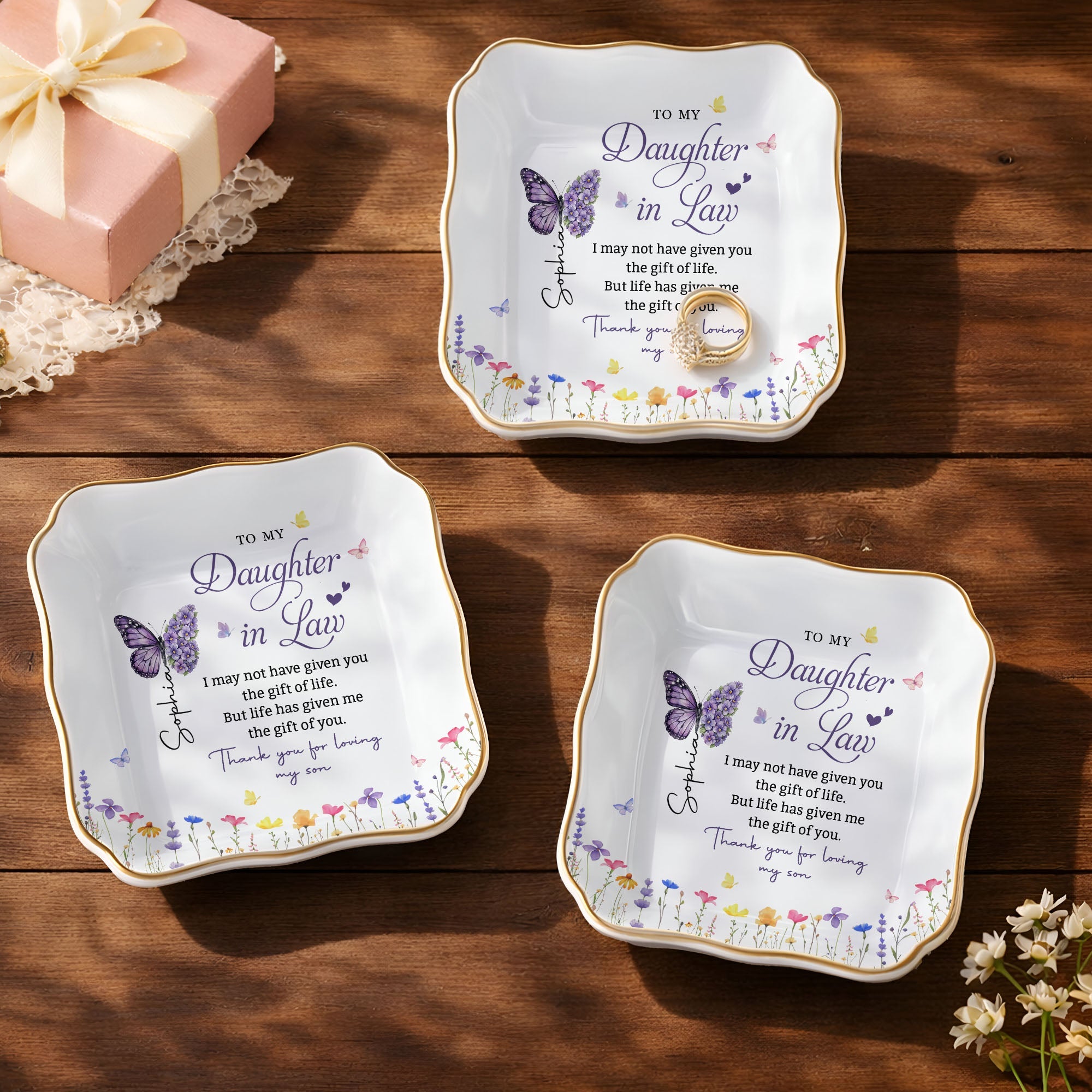 Personalized Lace Jewelry Dish Butterfly Design Gift for Daughter-in-Law Lace Square Jewelry Dish GradoCreations