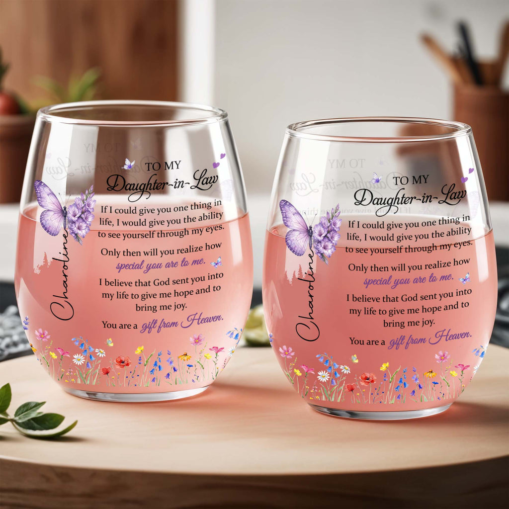 Personalized Stemless Wine Glass For Daughter-In-Law Gift Wine Glasses GradoCreations
