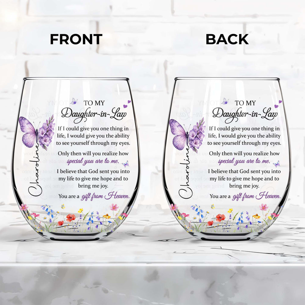 Personalized Stemless Wine Glass For Daughter-In-Law Gift Wine Glasses GradoCreations