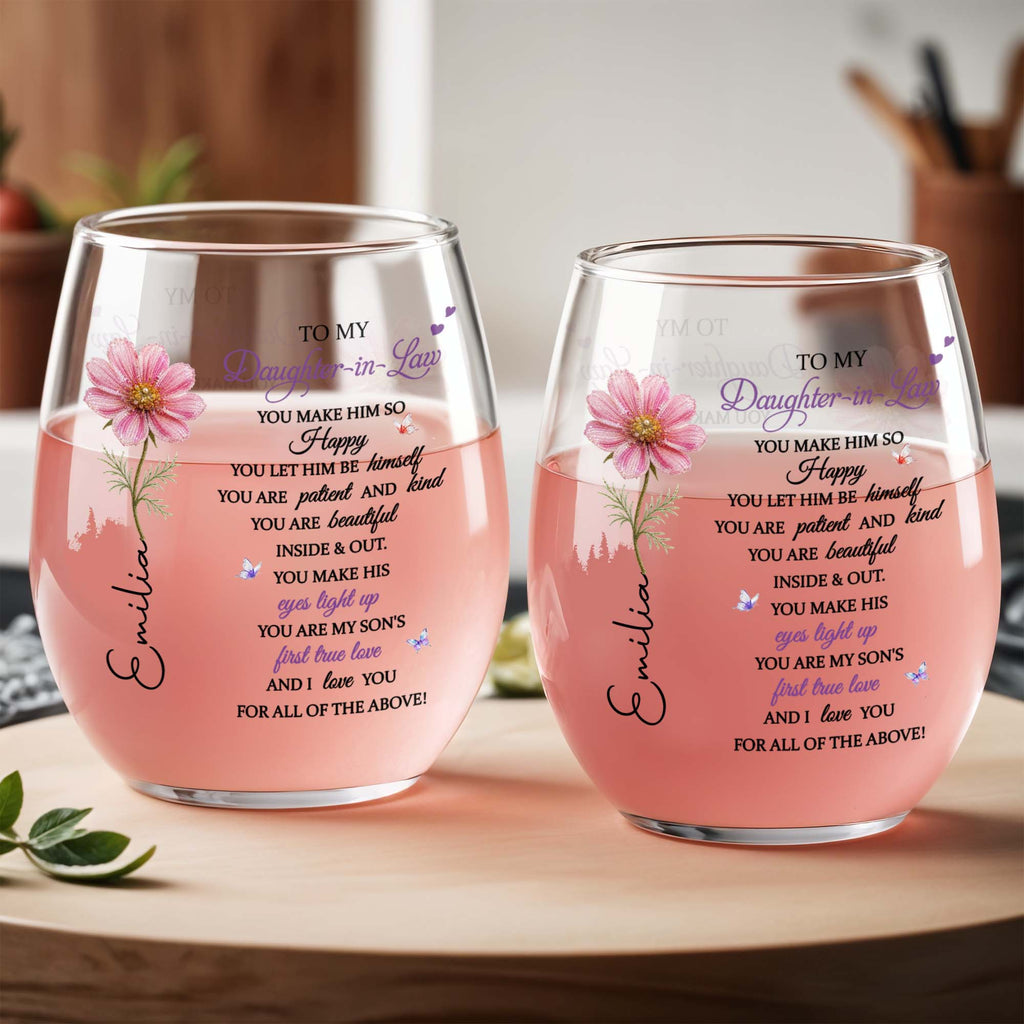 Personalized Stemless Wine Glass Birth Month Flower Gift for Daughter-in-Law Wine Glasses GradoCreations