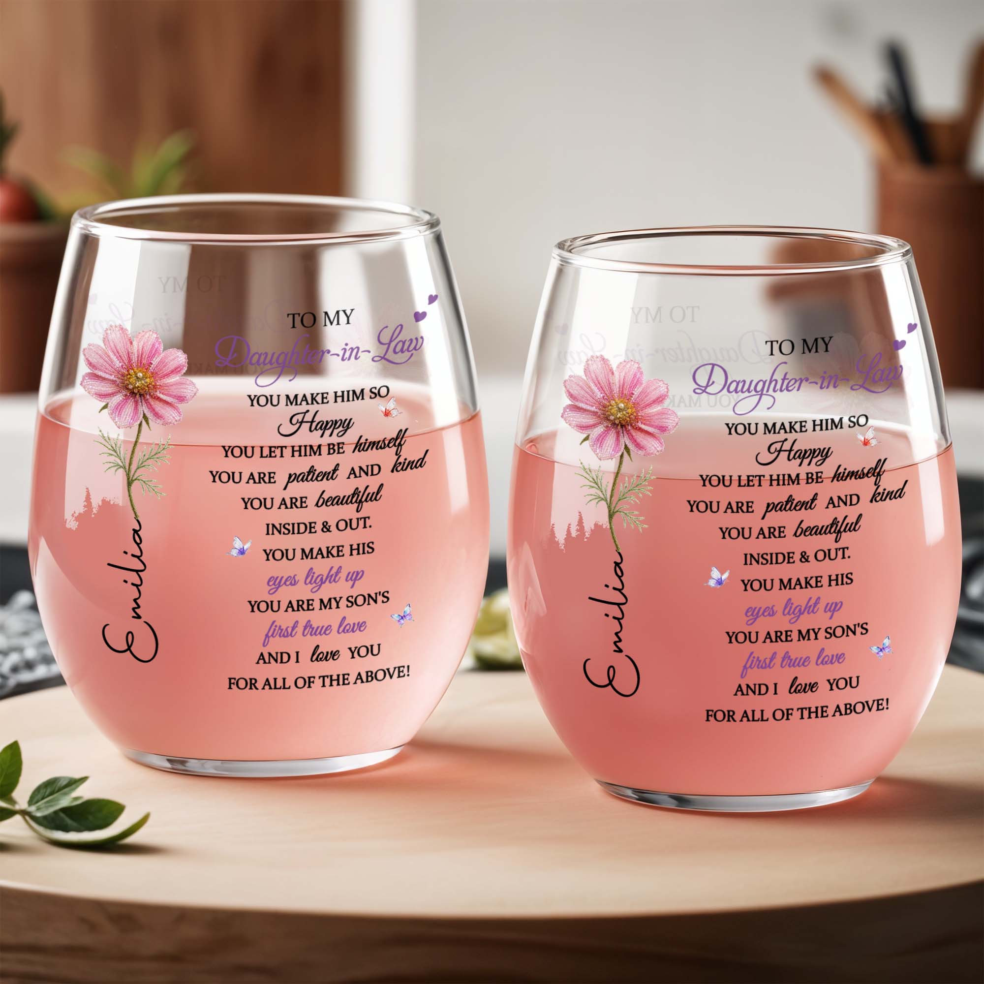Personalized Stemless Wine Glass Birth Month Flower Gift for Daughter-in-Law Wine Glasses GradoCreations
